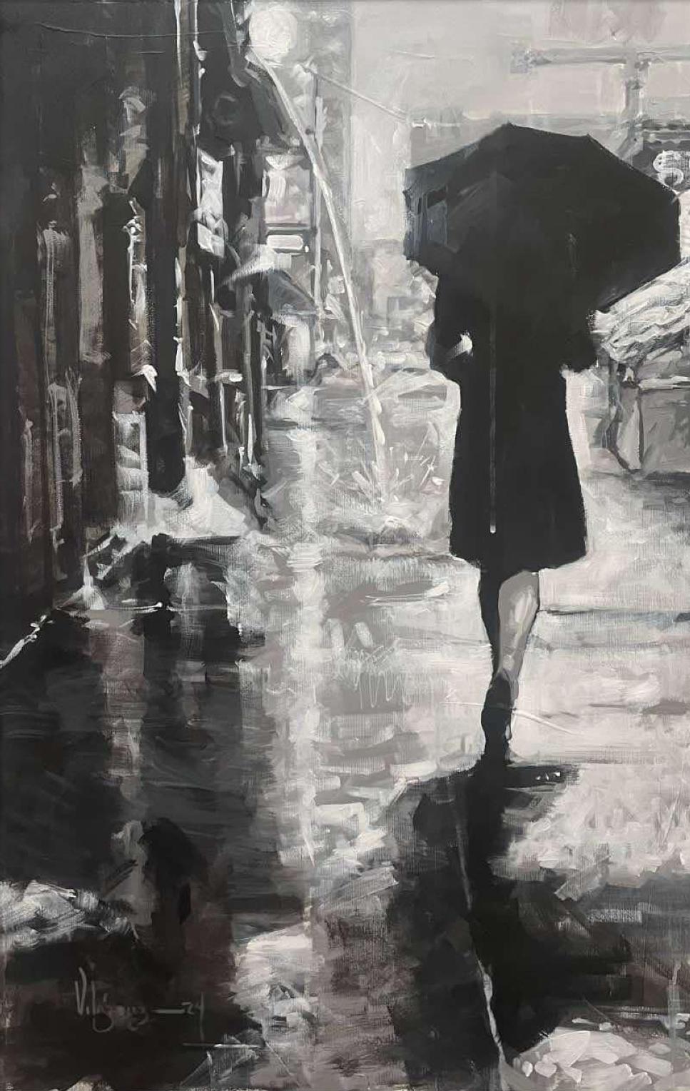 Las Calles de Barcelona 1 Impresionismo Artista Cubano Óleo sobre Lienzo España  29x20 - Portrait Painting Gris de Cristian Mesa Velazquez