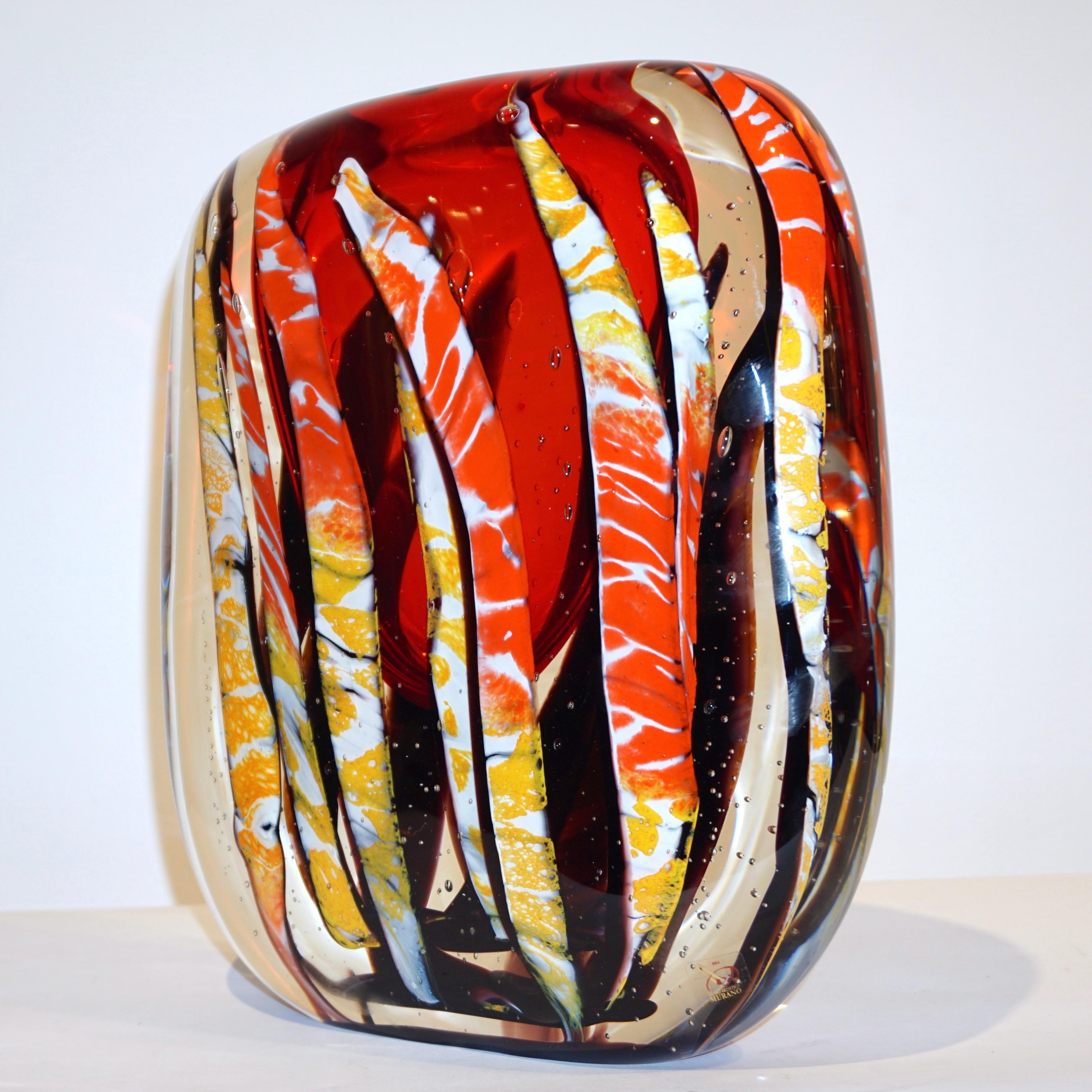 One of a kind Italian sculptural vase, substantial Work of Art in heavy blown Murano glass, signed by Cristian Onesto. The nature inspired marine life motif, captured in vibrant colors: red, yellow, black, ivory white... using a special sommerso