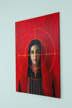 Target (Donna iraniana) – Grande dipinto figurativo iperrealista contemporaneo a olio