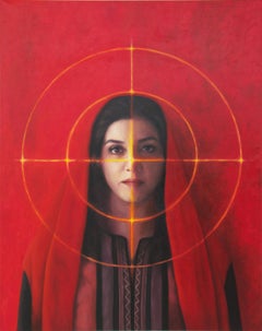 Target (Donna iraniana) – Grande dipinto figurativo iperrealista contemporaneo a olio