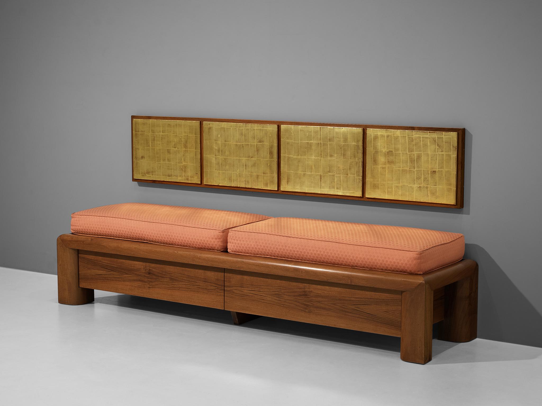 Cristiano Toraldo di Francia and Andrea Noferi, bench with drawers and wall panel, walnut, gold leaf, fabric upholstery, Italy, 1986

Admirable set consisting of a bench with matching piece of wall art designed by Cristiano Toraldo di Francia and