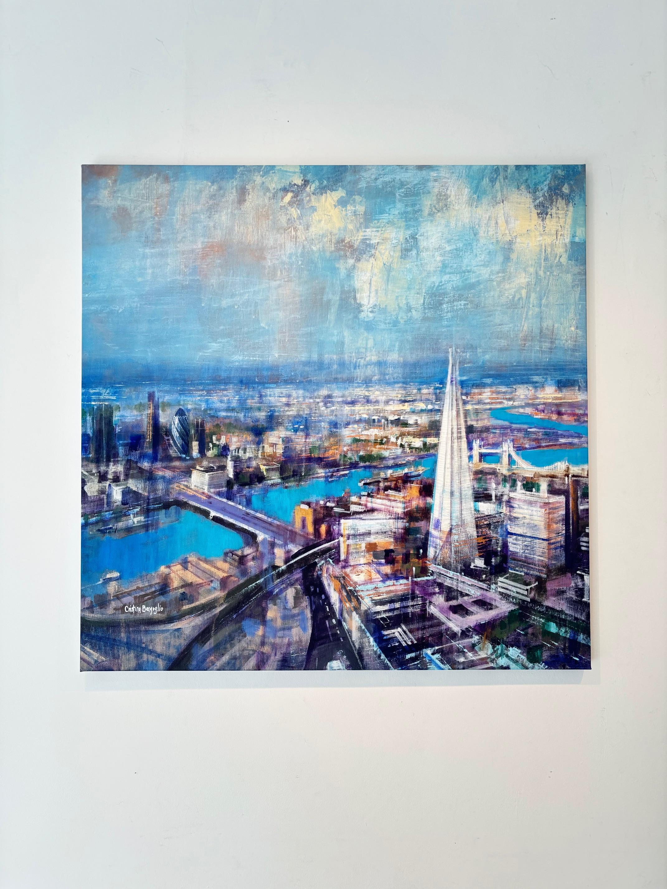 Skyline Dreams: Londra - quadro panoramico originale - arte contemporanea - Painting di Cristina Bergoglio