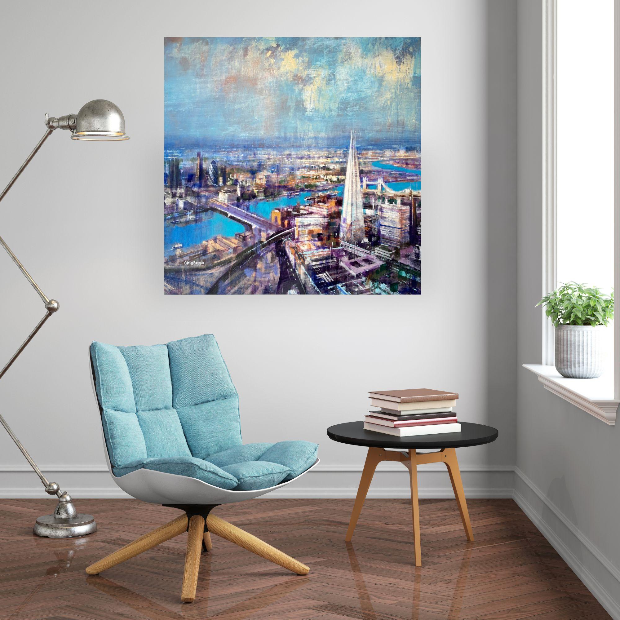 Skyline Dreams: Londra - quadro panoramico originale - arte contemporanea - Figurative Painting Grigio di Cristina Bergoglio
