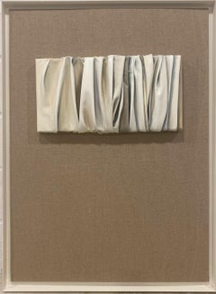 Collage contemporáneo de mezcla de materiales, lino. Tonos Beige, Gris Blanco. Enmarcado