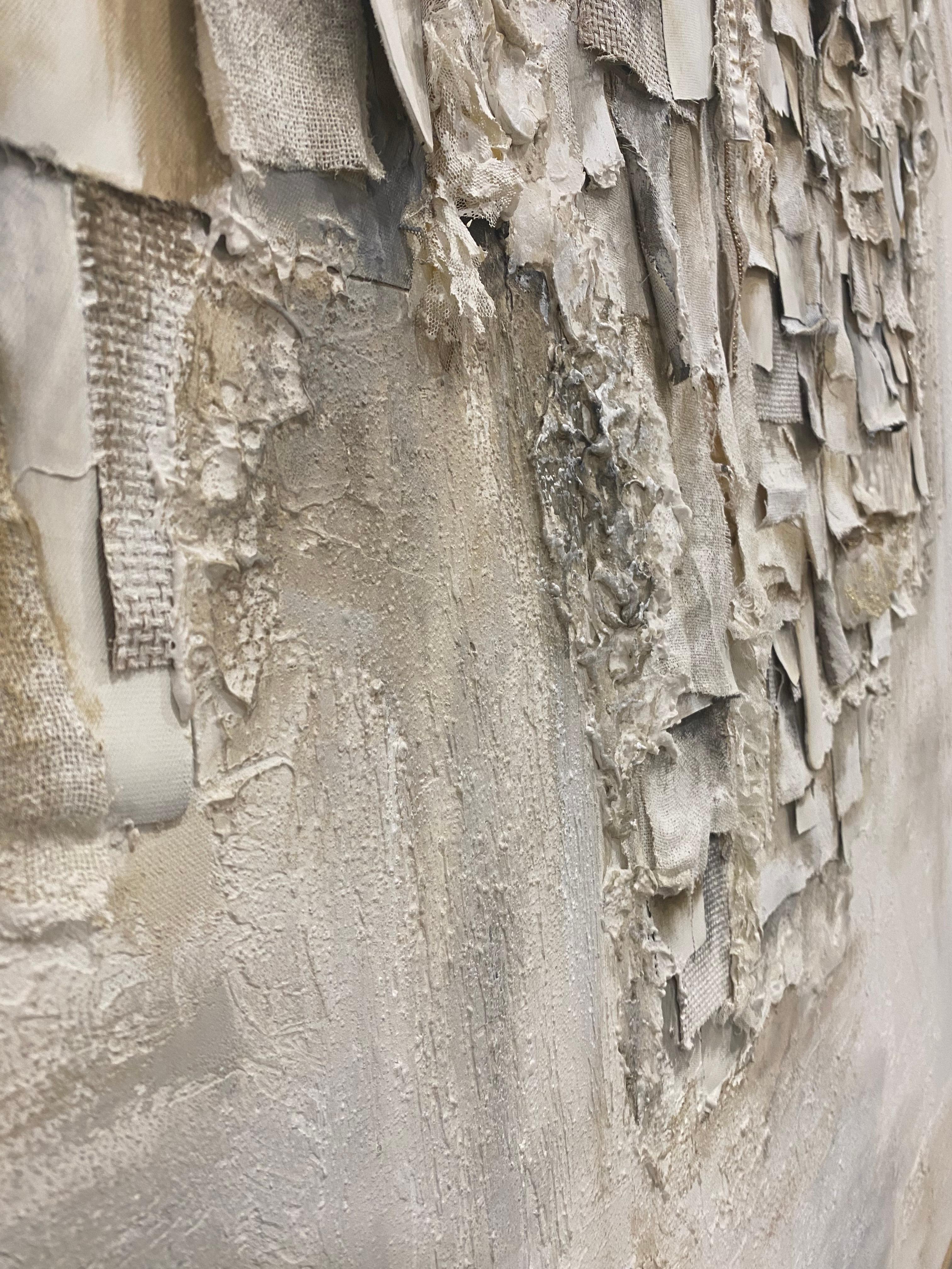Contemporary Mix Materials Collage, Shades of Beige, Grey, White & Gold. Framed - Abstract Mixed Media Art by Cristina Estañ