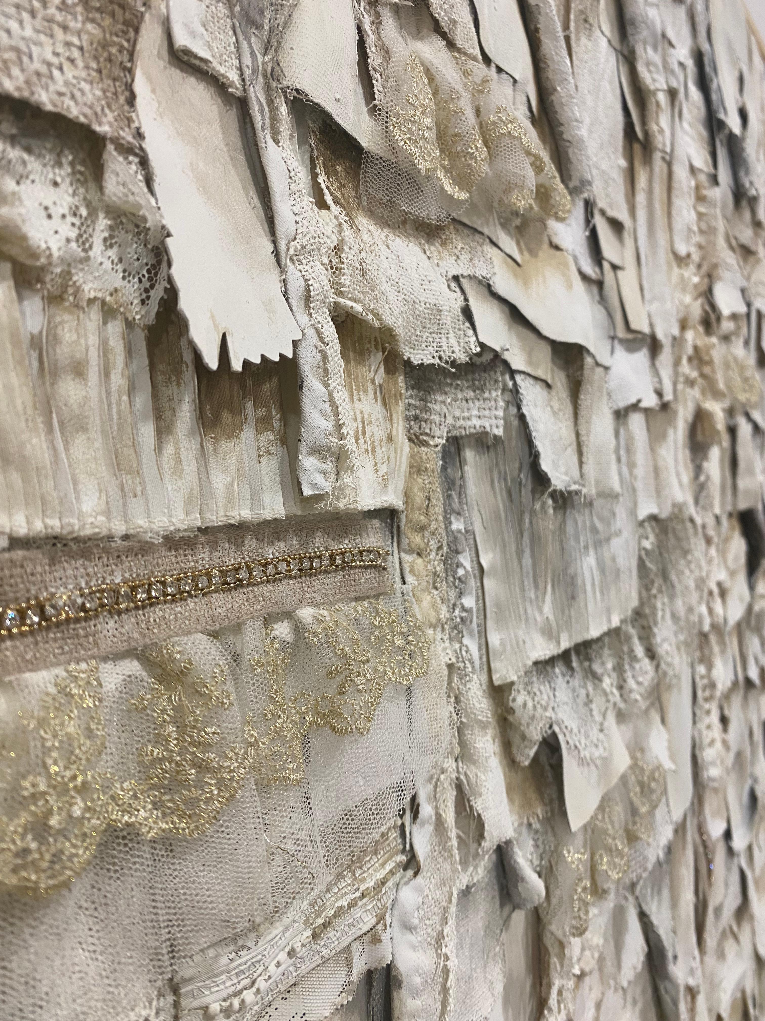 Contemporary Mix Materials Collage, Shades of Beige, Grey, White & Gold. Framed 1