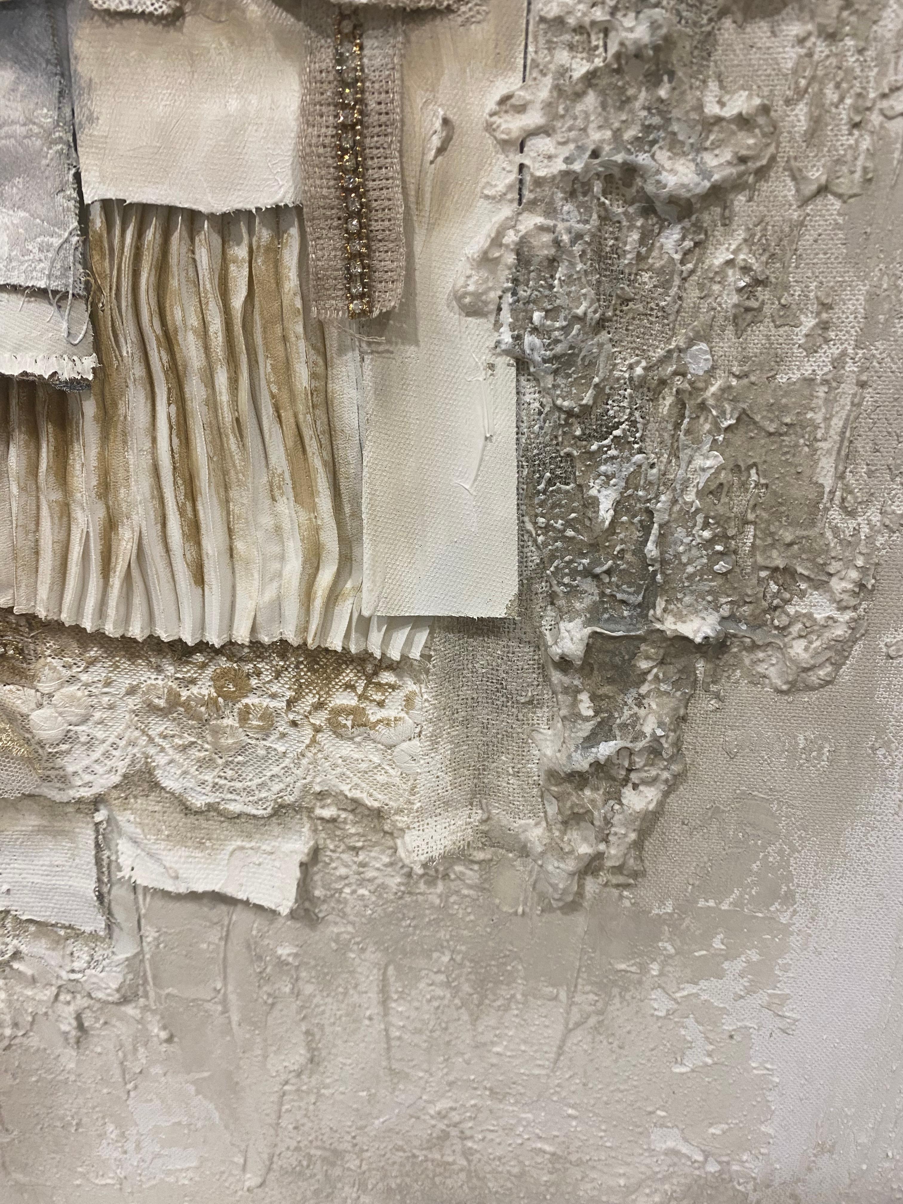 Contemporary Mix Materials Collage, Shades of Beige, Grey, White & Gold. Framed 2