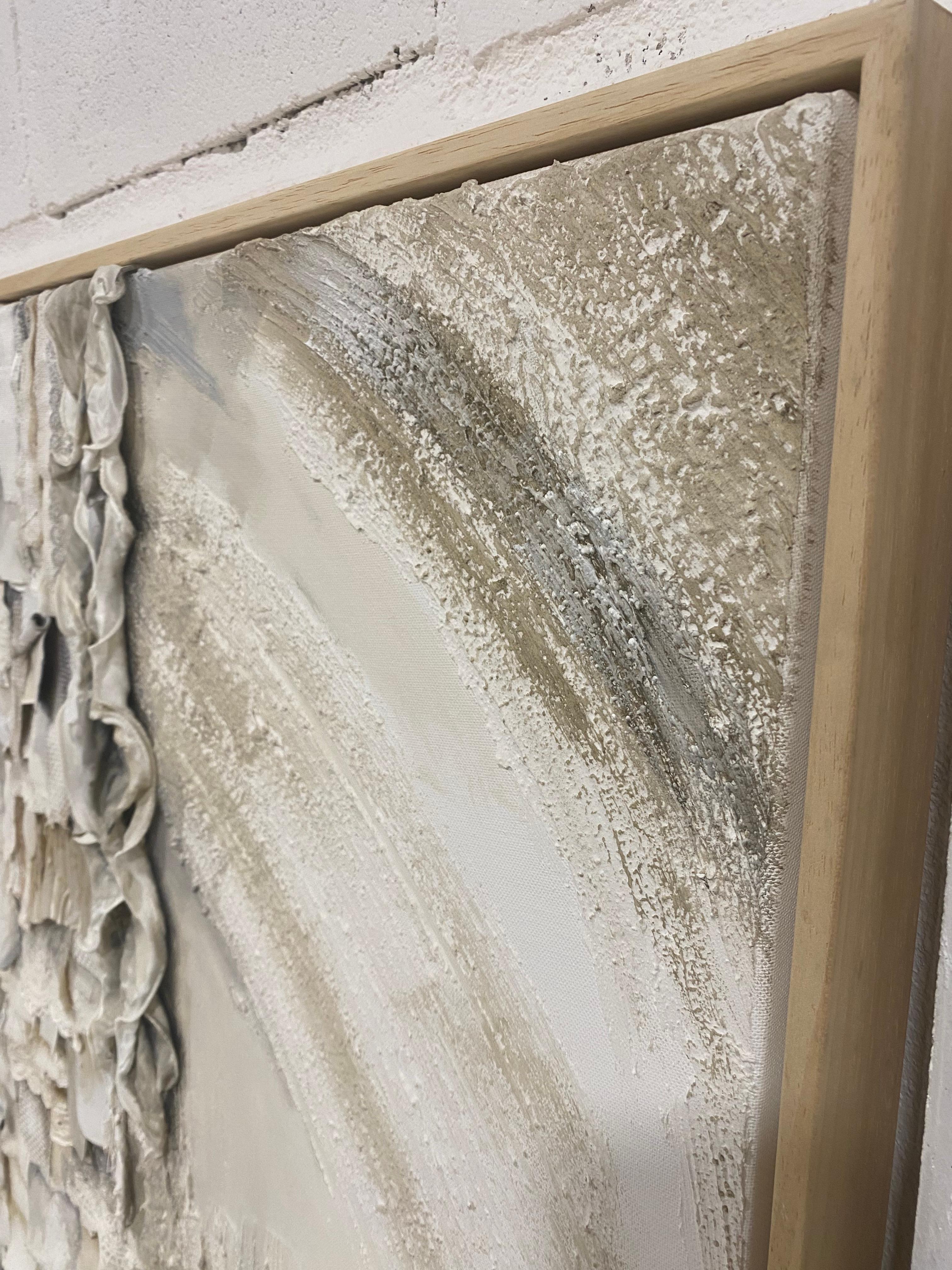 Contemporary Mix Materials Collage, Shades of Beige, Grey, White & Gold. Framed 4