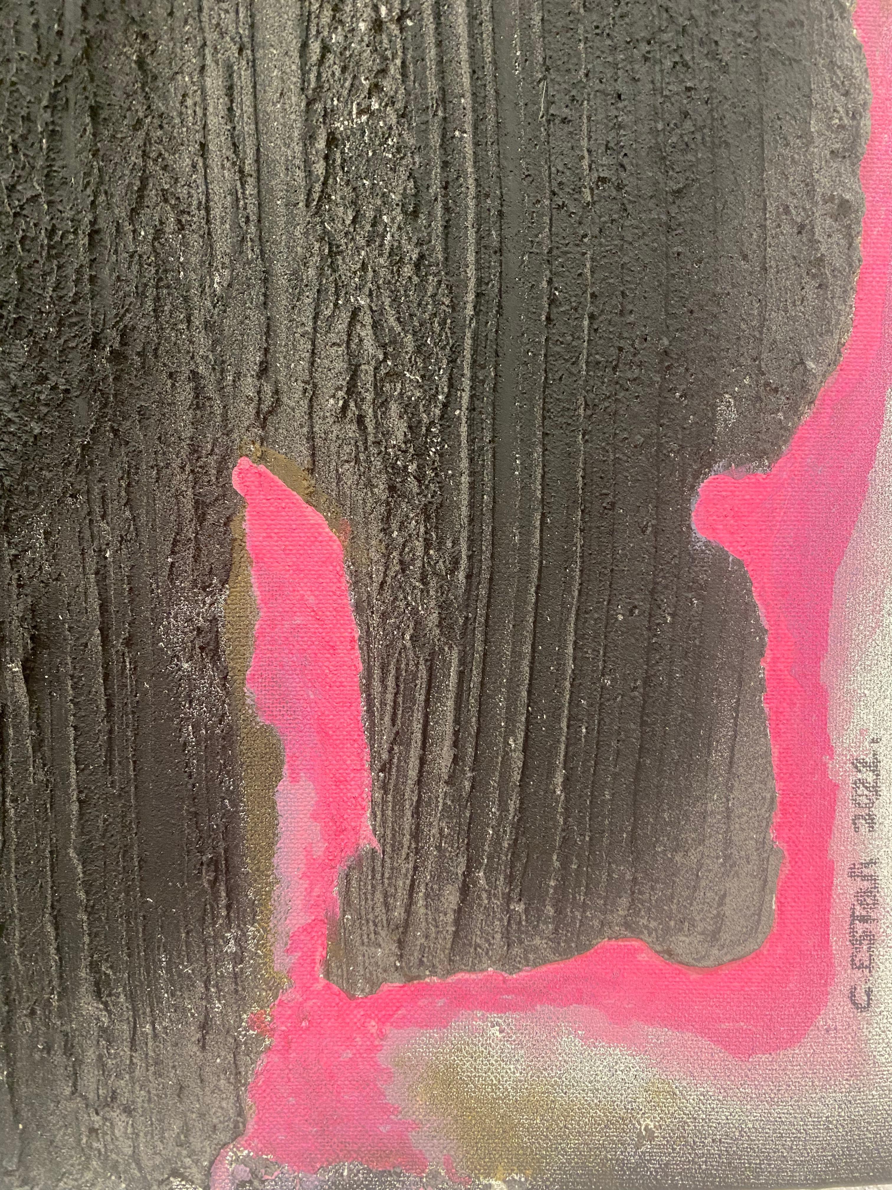Díptico Contemporáneo Collage Abstracto Tejido Mixto, Color Negro, Rosa y Beige en venta 9