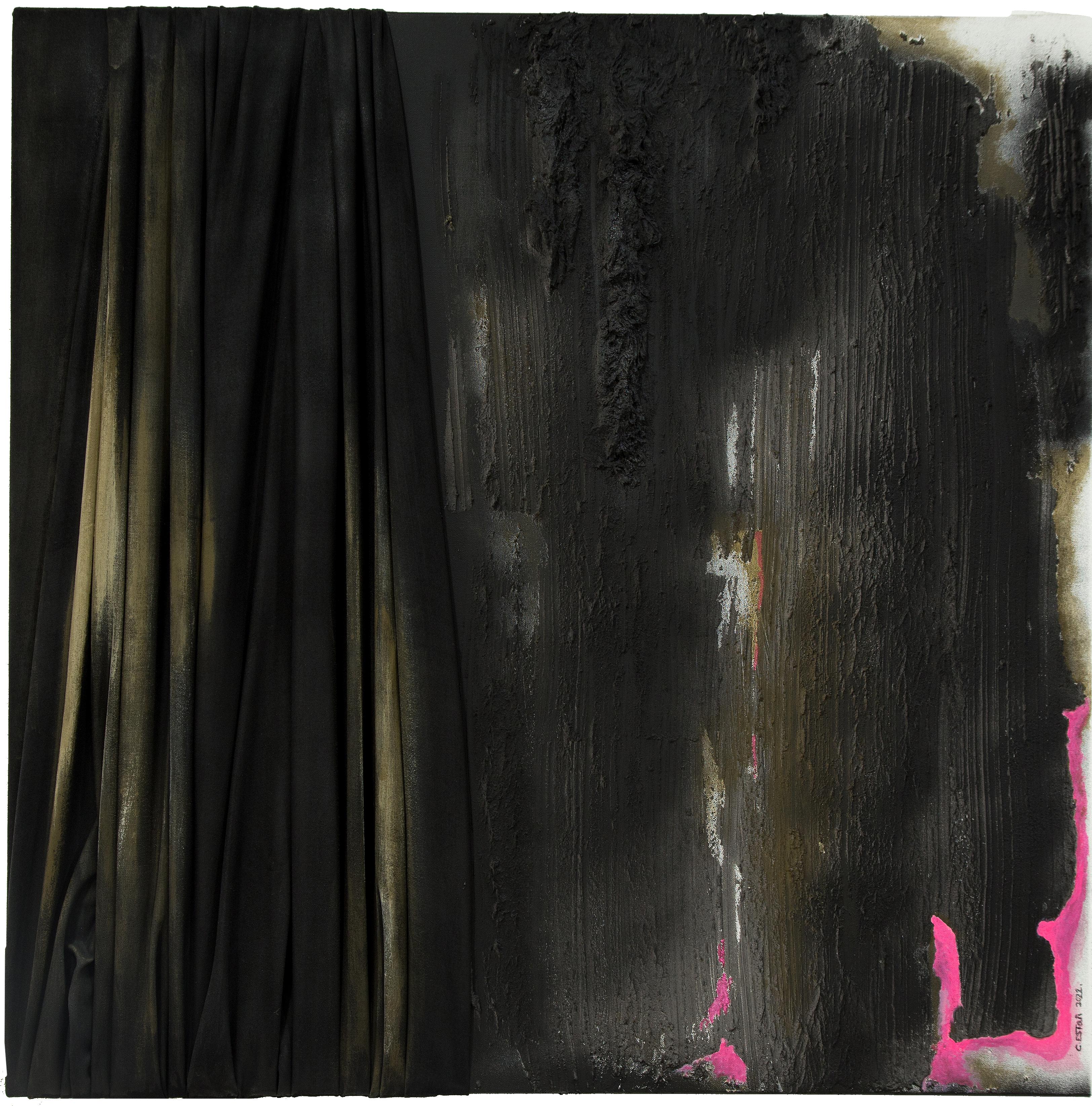 Díptico Contemporáneo Collage Abstracto Tejido Mixto, Color Negro, Rosa y Beige en venta 11