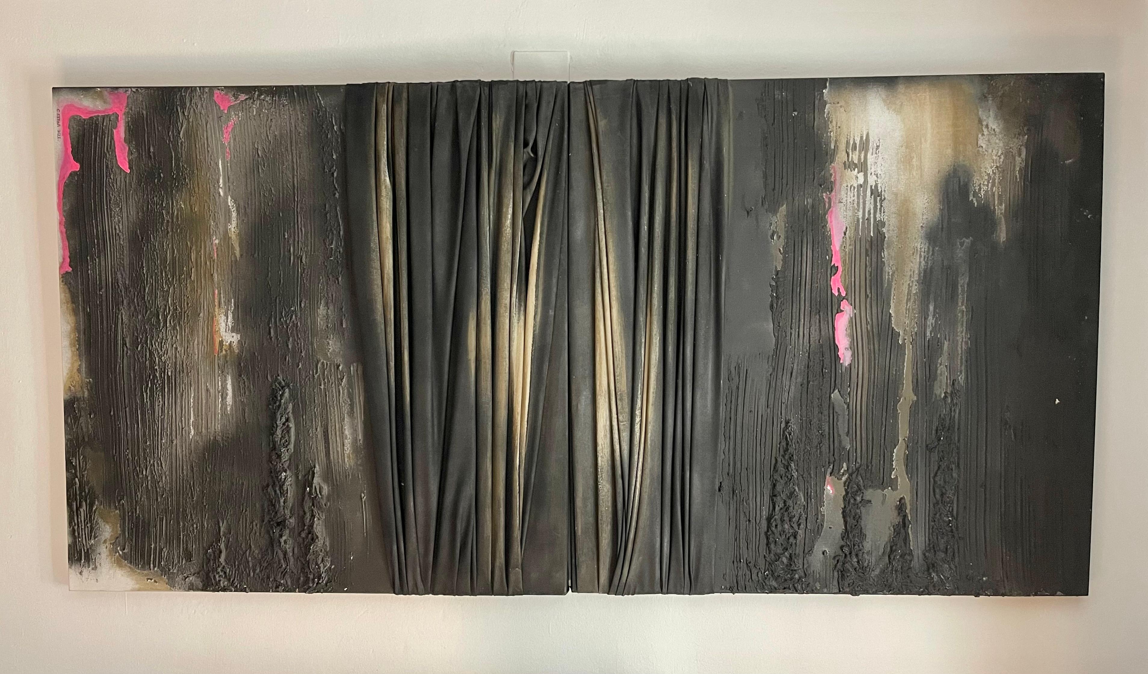 Diptych Contemporary Abstract Collage Mix Fabric, Black, Pink and Beige Color - Mixed Media Art by Cristina Estañ