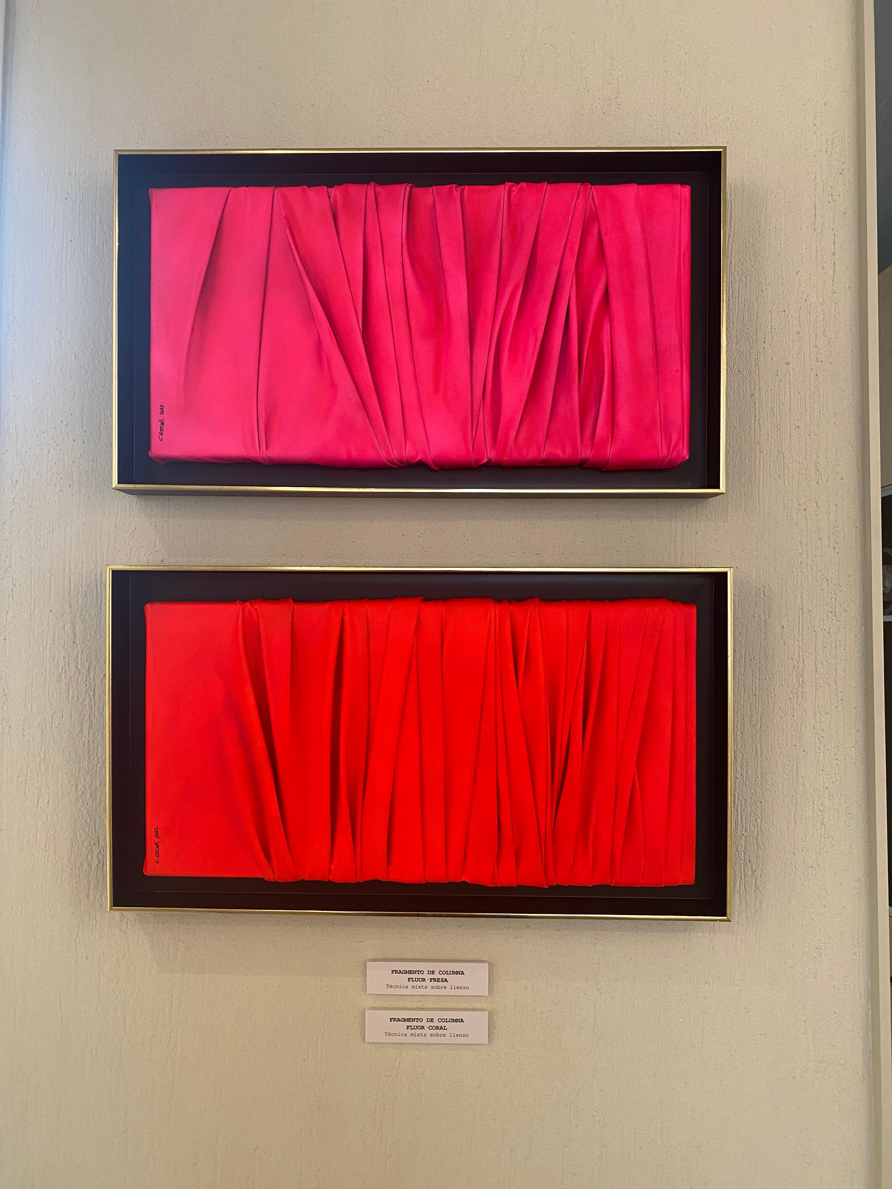 Cristina Estañ Abstract Painting - Diptych Contemporary Collage, Neon Orange & Pink Color on Black. Framed in Gold