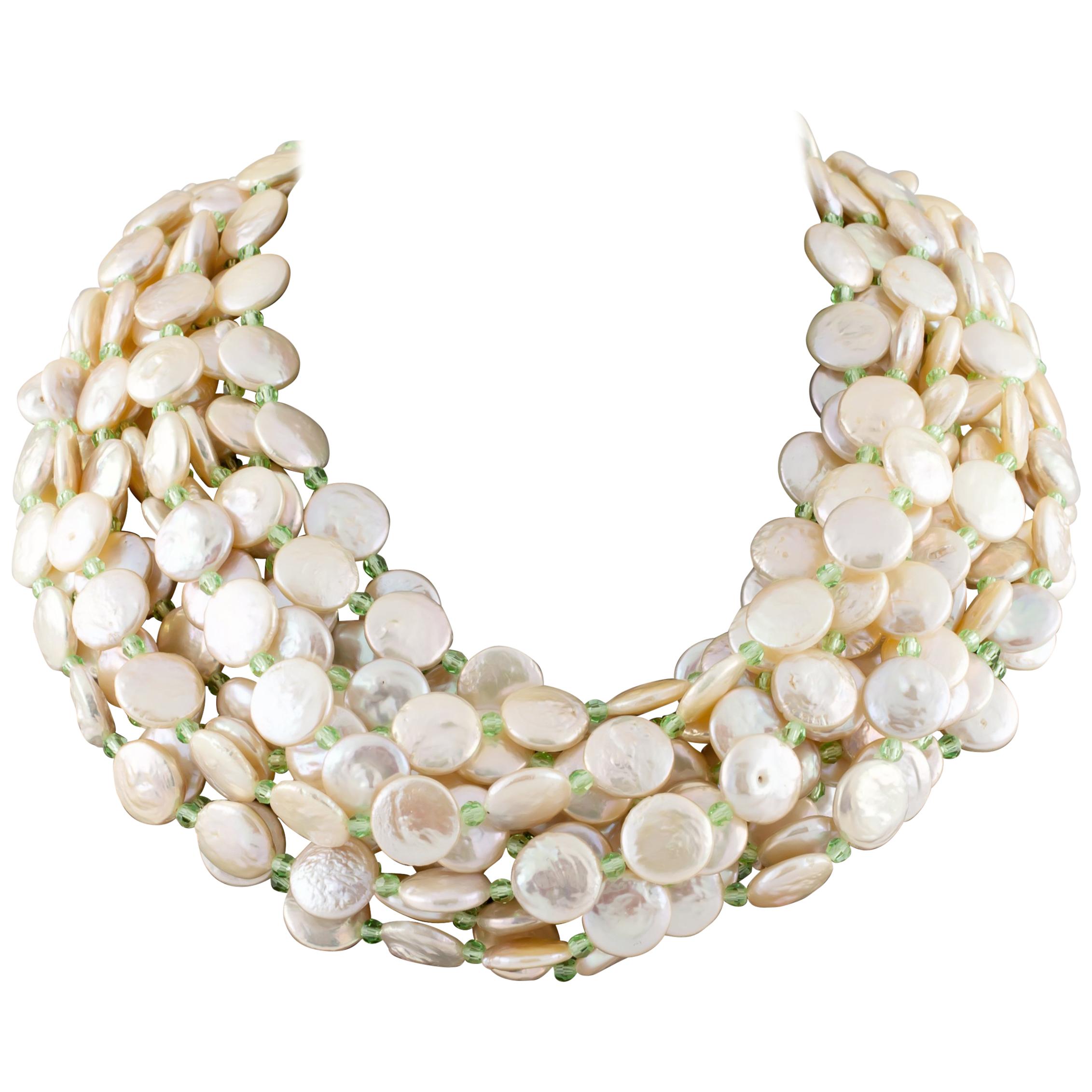 Cristina Ferrare Coin Pearl Multi-Strand Bib Necklace 18 Karat Gold Clasp
