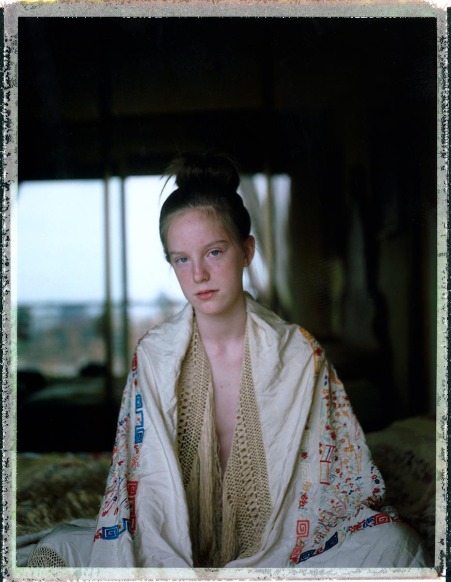 Cristina Fontsare Color Photograph - At fourteen with Grandma's Shawl  - Contemporary, Polaroid, Figurative
