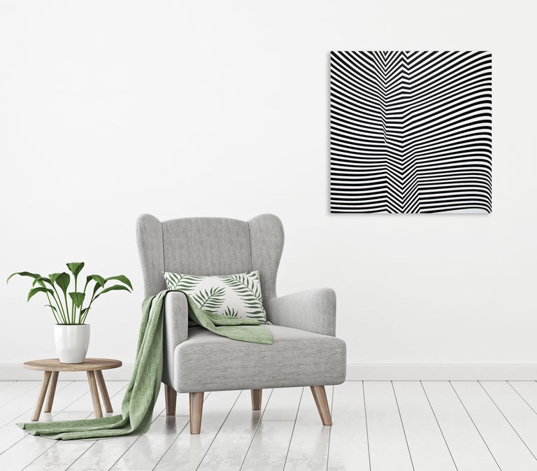‘Folding’ is a medium size abstract geometric acrylic on canvas painting created by Argentinian artist Cristina Ghetti in 2017. Featuring a black and white palette, the painting showcases a series of parallel lines that play with our eye.