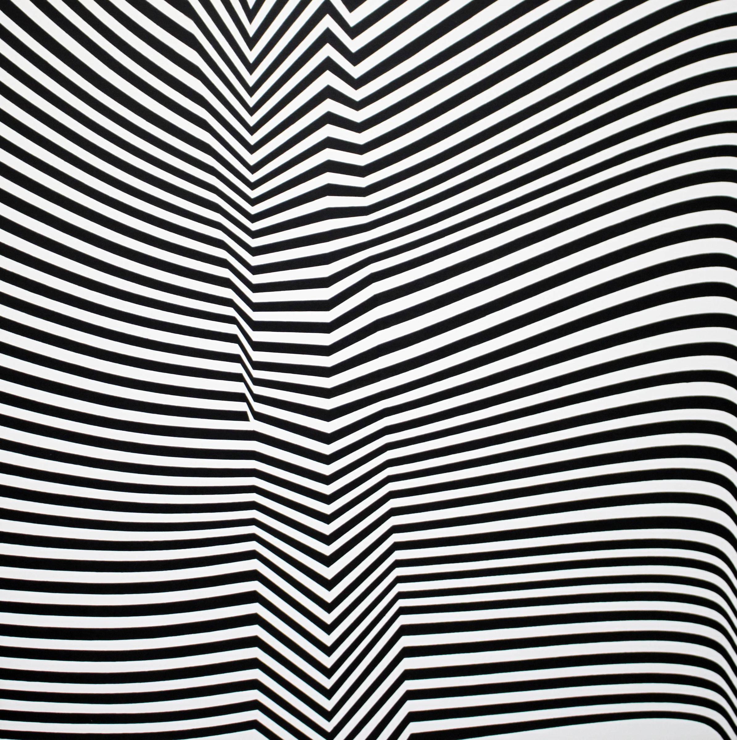 'Folding' est une peinture abstraite géométrique de taille moyenne à l'acrylique sur toile créée par l'artiste argentine Cristina Ghetti en 2017. Doté d'une palette noire et blanche, le tableau présente une série de lignes parallèles qui jouent avec