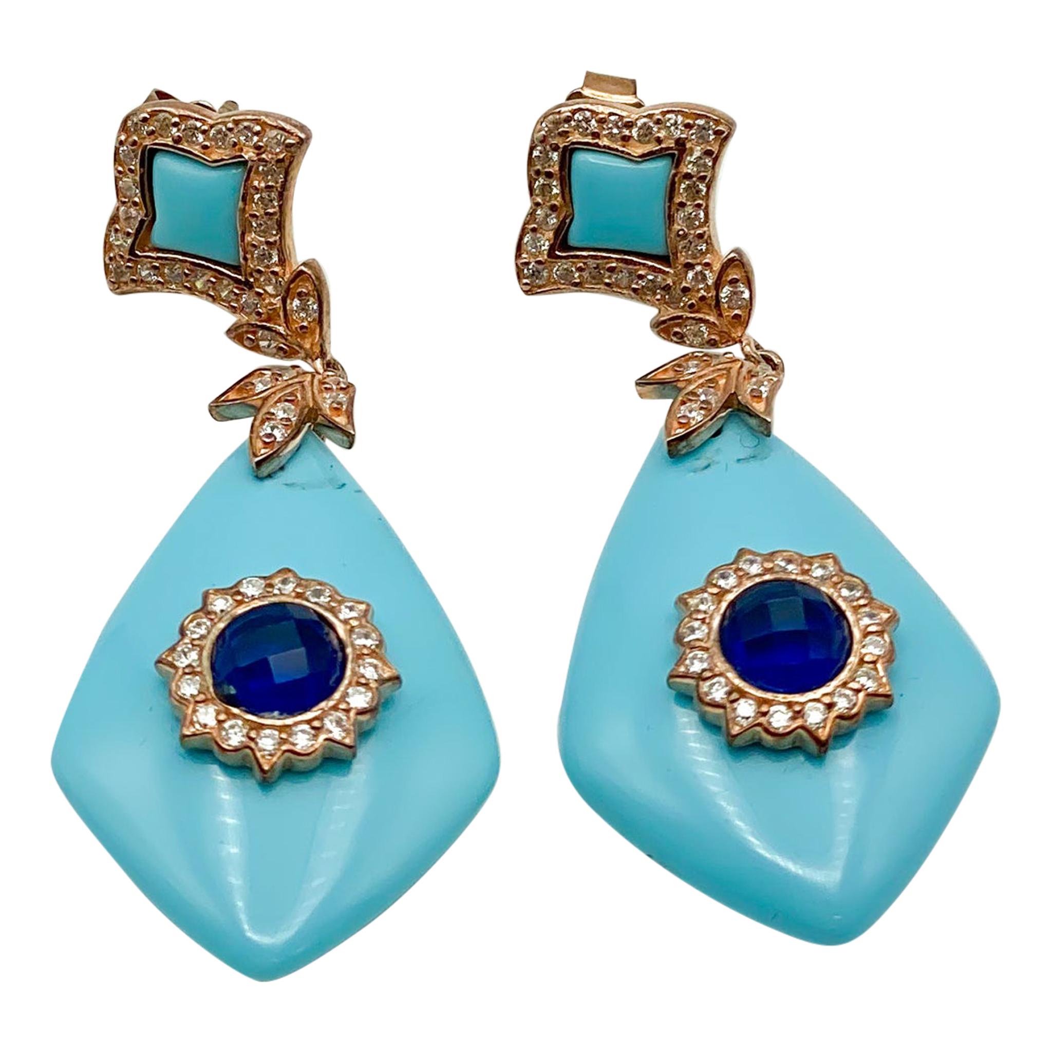 Cristina Sabatini Boucles d'oreilles en argent sterling plaqué or bleu et rose et pierres naturelles