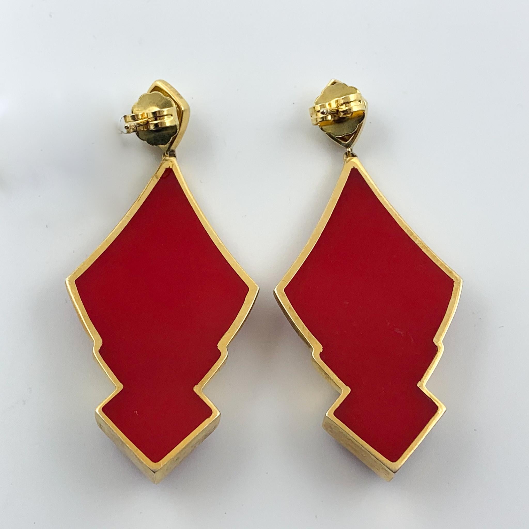 Cristina Sabatini design 
Art Deco Style
Gold over Silver, Red Resin 
Dangle Earrings 
Approximately 3 inches in length 