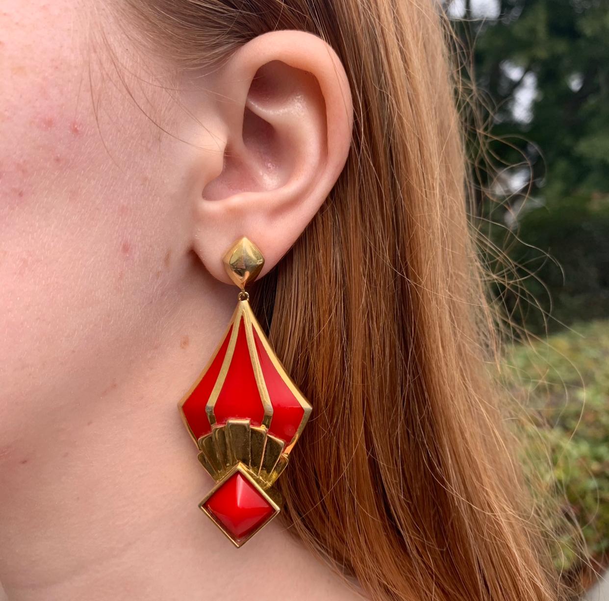 Art Deco Cristina Sabatini, Gold over Silver, & Red Resin Earrings For Sale