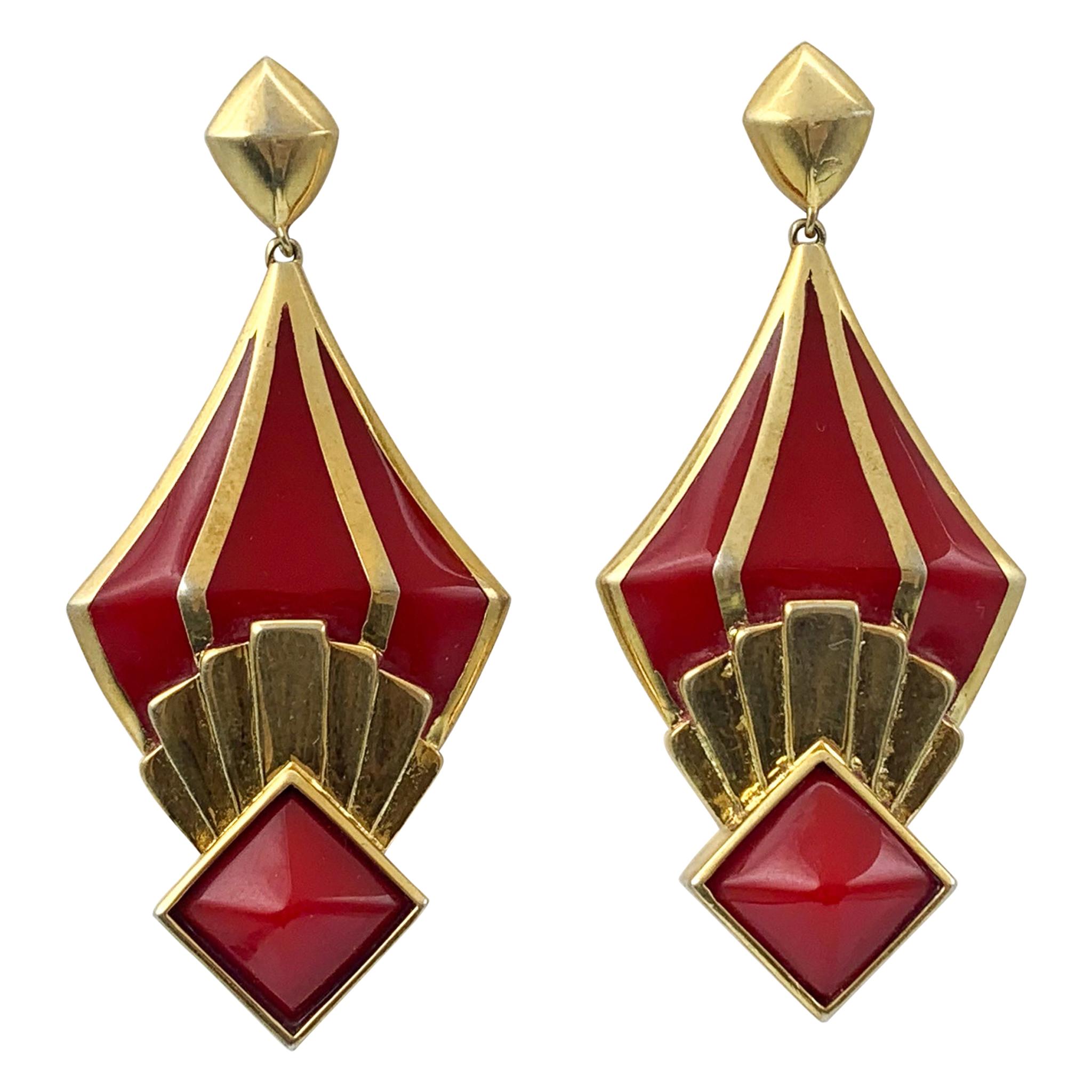 Cristina Sabatini, Gold over Silver, & Red Resin Earrings For Sale