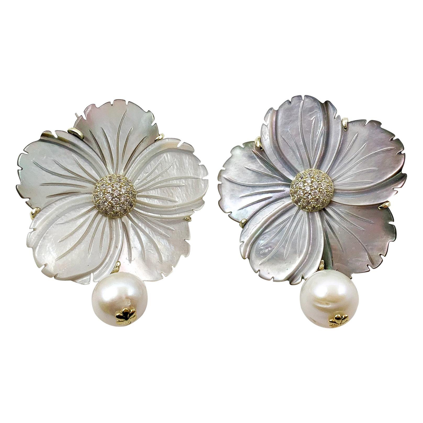 Cristina Sabatini Mother of Pearl & Fresh Water Pearl Floral Earrings  For Sale