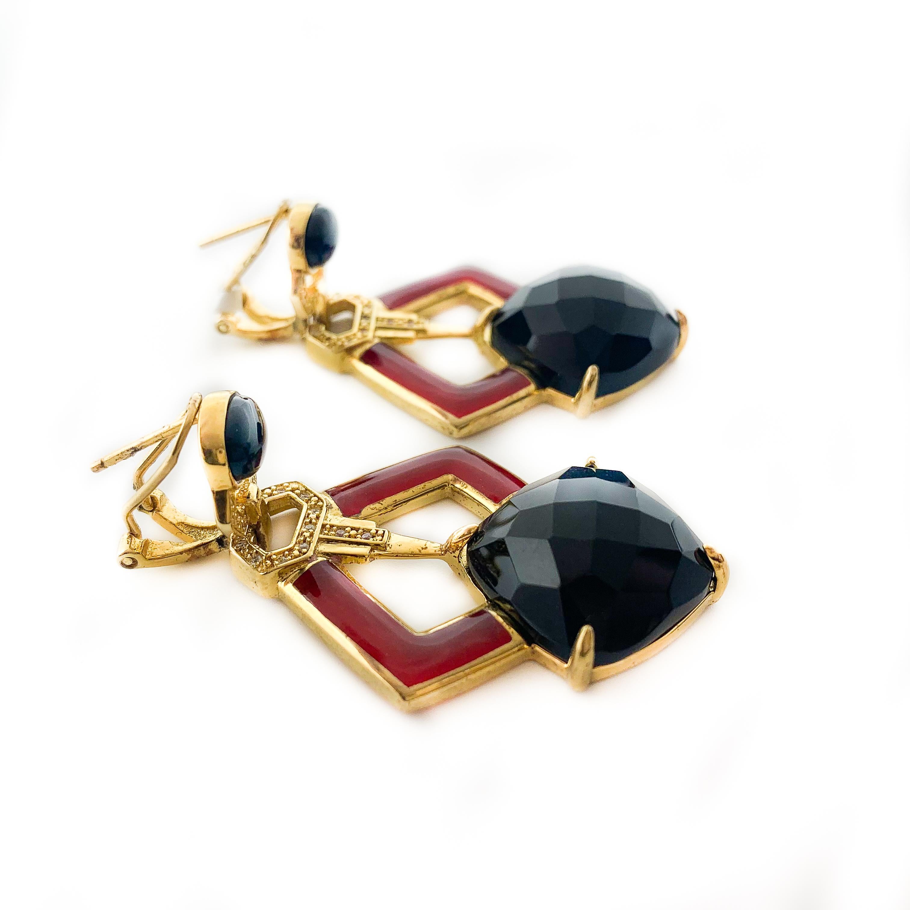 Cristina Sabatini Natural Gem Art Deco Style Geometric Red Black & Gold Earrings In New Condition In Carlsbad, CA