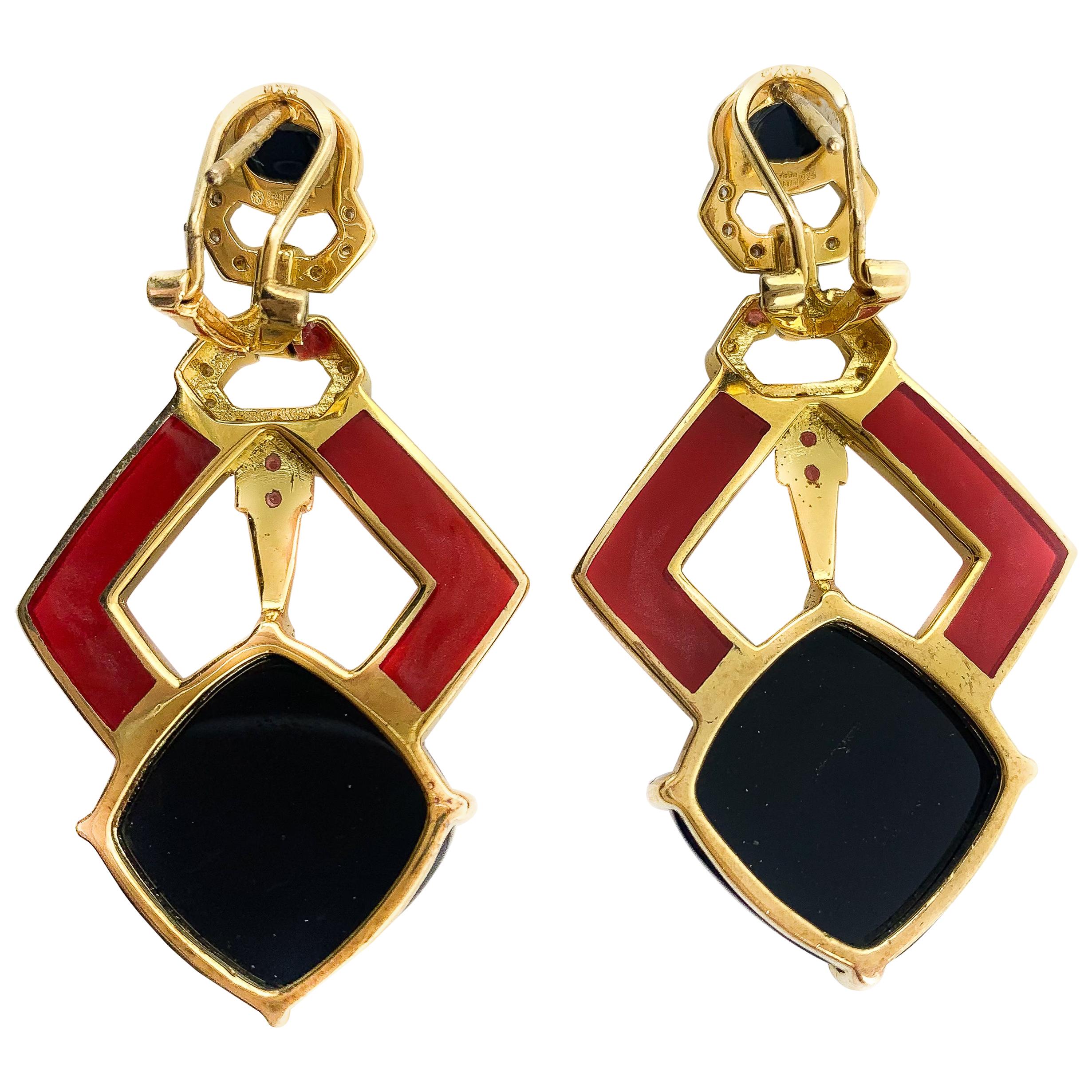 Cristina Sabatini Natural Gem Art Deco Style Geometric Red Black & Gold Earrings