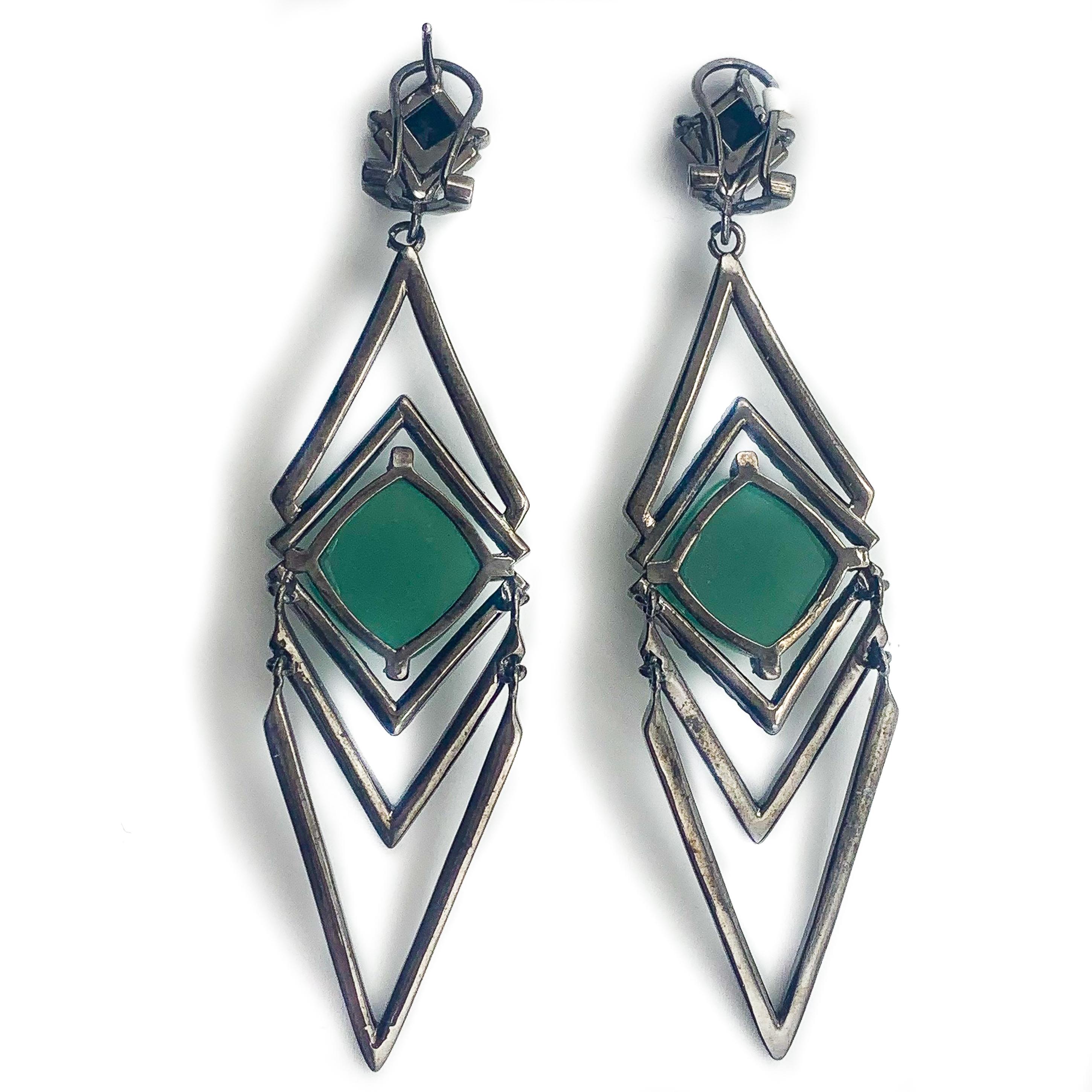 Cristina Sabatini Natural Gem W/Rhodium Plated Silver Green & Black Geo Earrings In New Condition For Sale In Carlsbad, CA