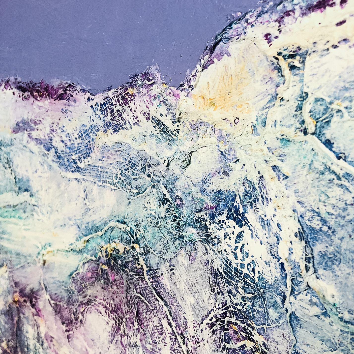 This mixed-media contemporary abstract artwork was created using acrylic paint and ink in the colors Turquoise, Violet, Gold, Copper.  The image lets us imagine perhaps the peaks of a mountain.  Before applying the paint, pieces of cotton fabric