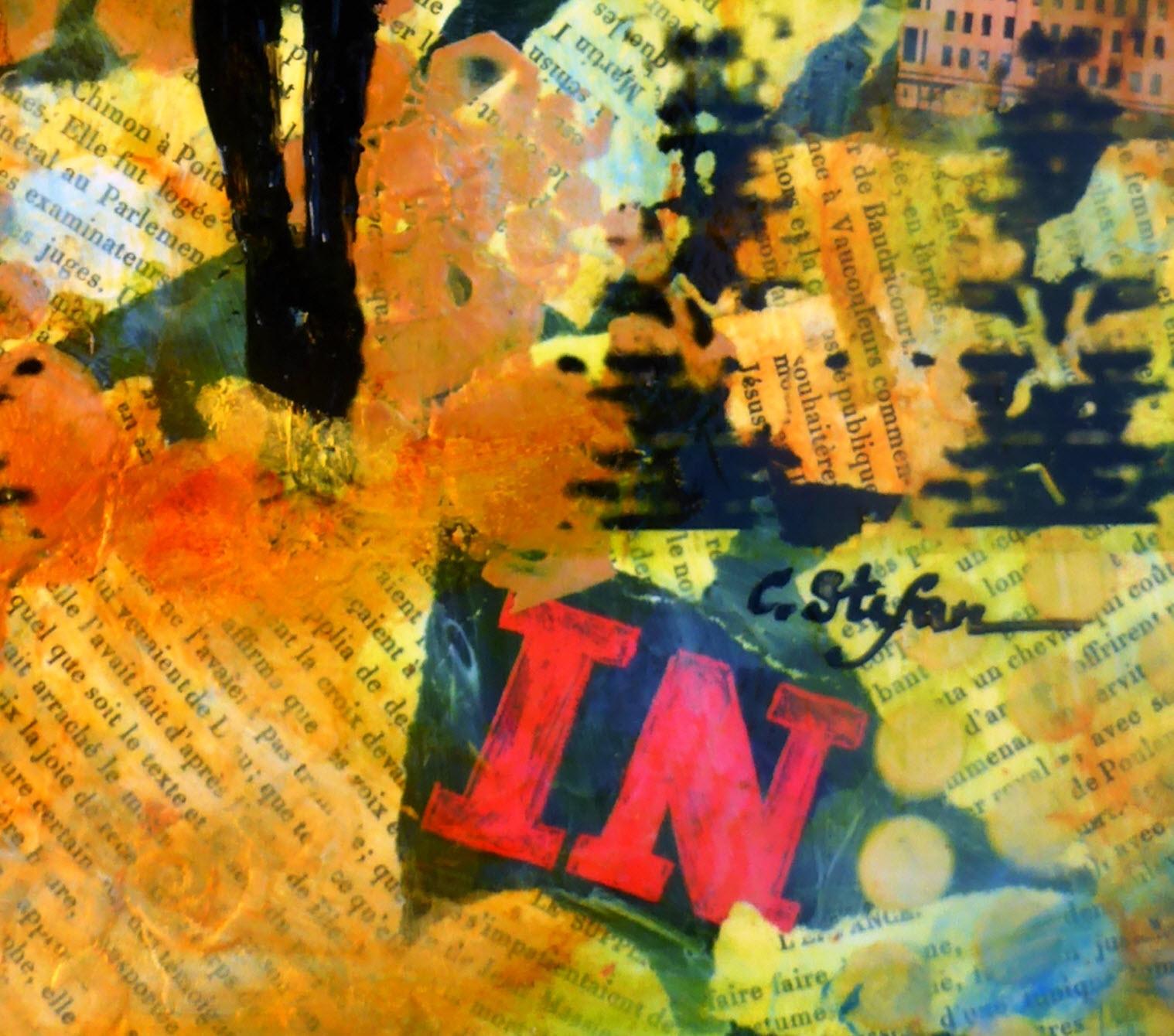 New York – Frau mit Schirm, Mischtechnik auf Holzplatte (Zeitgenössisch), Mixed Media Art, von Cristina Stefan