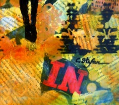 New York - Woman with Umbrella, Mixed Media on Wood Panel