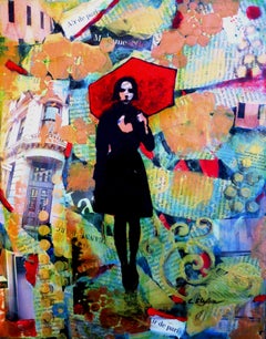 Woman with red umbrella, Mixed Media on Wood Panel