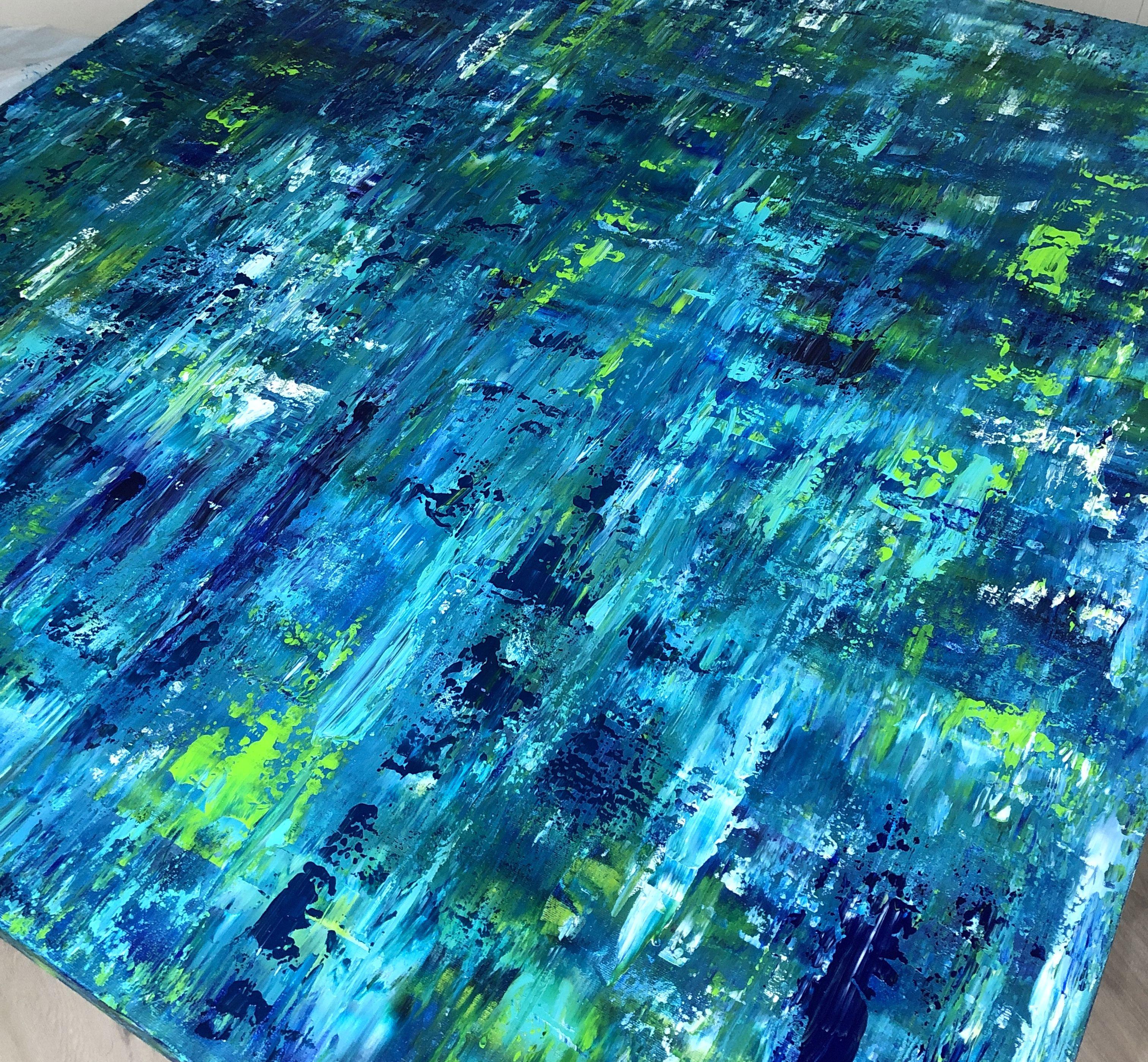Abstract Waterfall or Abstract Pond ? This contemporary abstract painting has been created by the gestural technique, inspired by Gerhard Richter. Bold colors as Blue, Turquoise, Purple and Green are used to create the impression and the fluidity of
