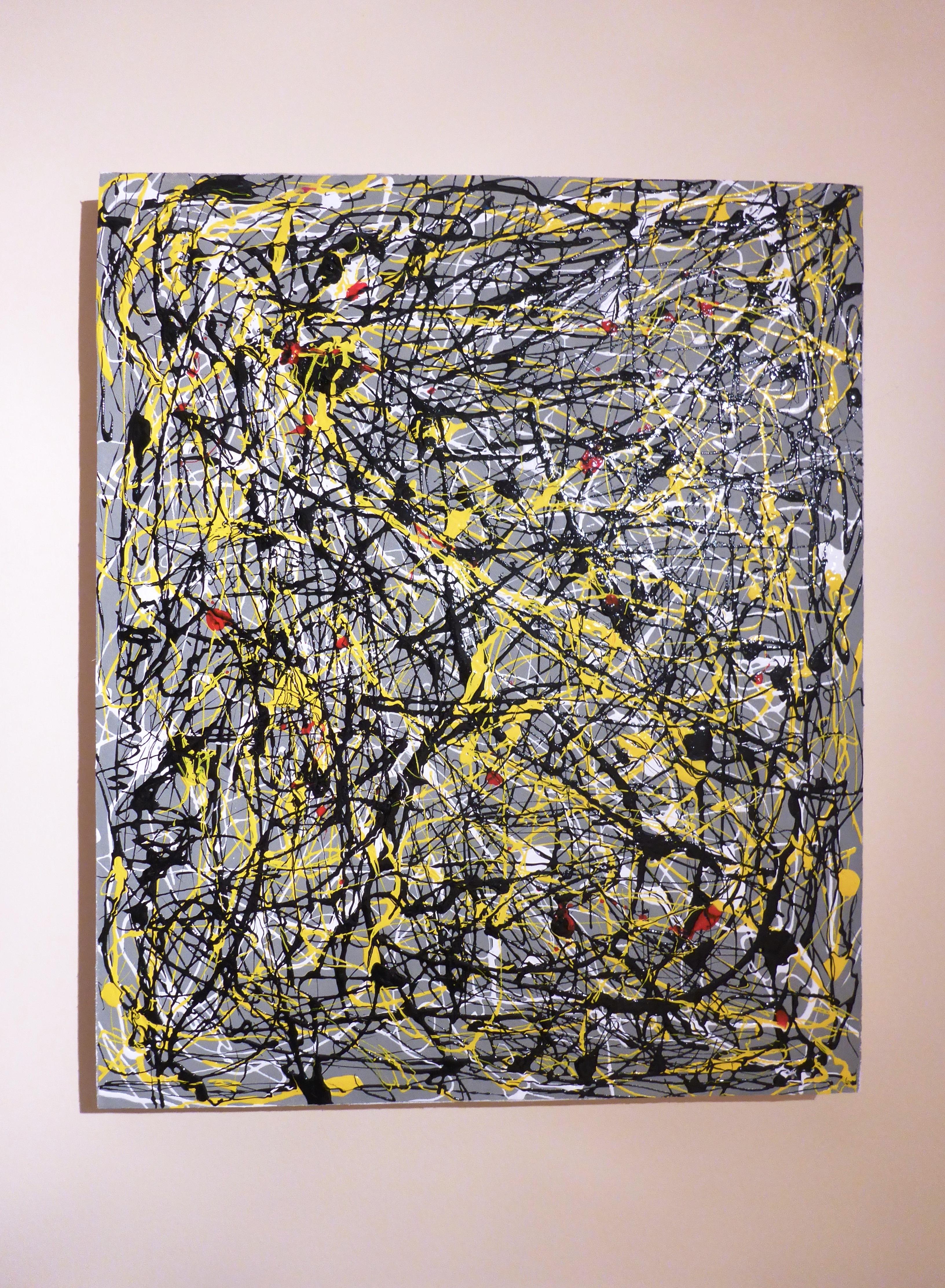 This painting has been created by using the dripping and the pouring techniques, used by Jackson Pollock in most of his artworks. The matter "dances" on the canvas and expresses the artist's emotions and feelings without having to touch the canvas 