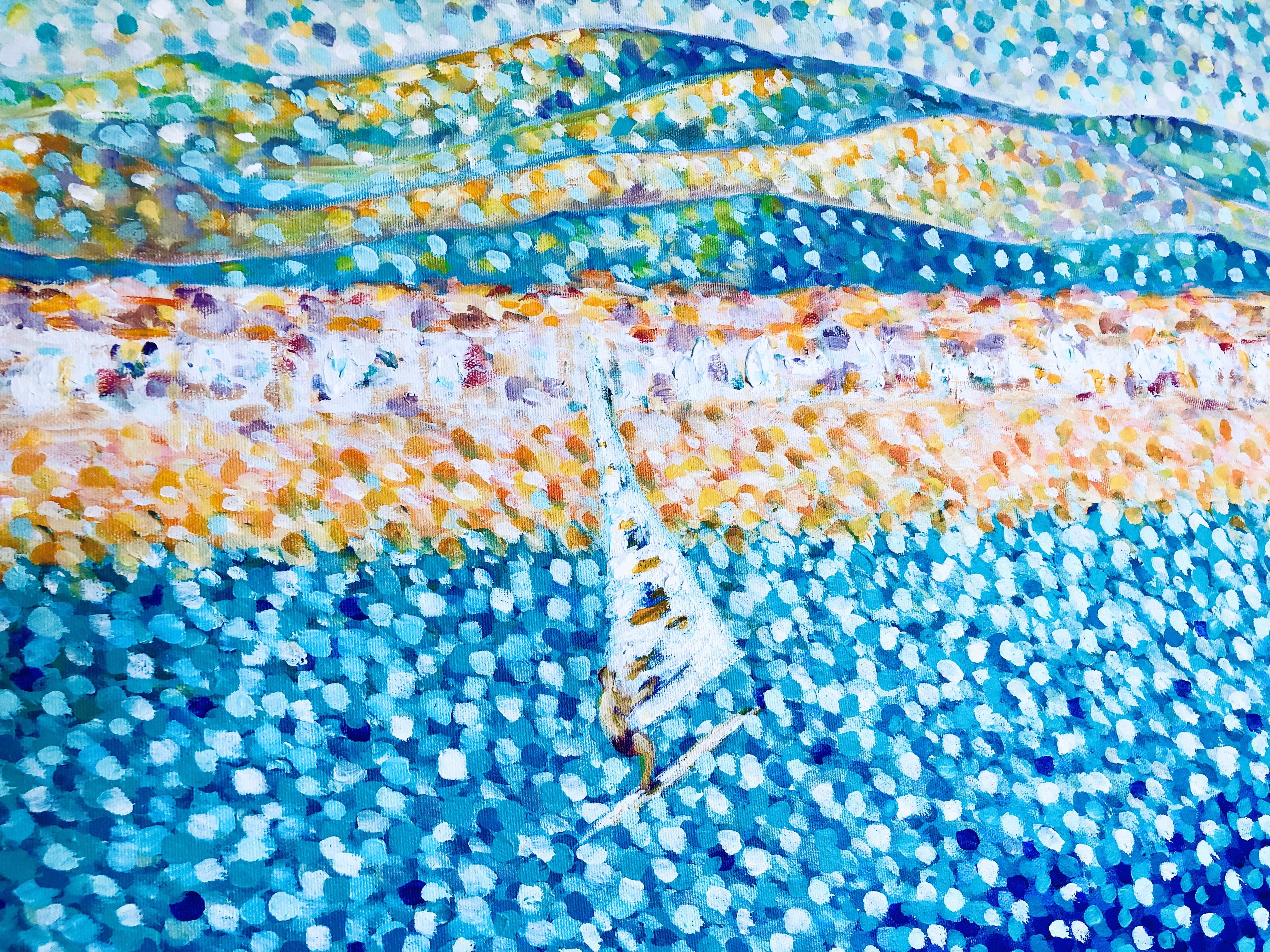 Altafulla, Spanien – Meereslandschaft mit Segelschifffahrtsschiff, Gemälde, Acryl auf Leinwand (Pointillismus), Painting, von Cristina Stefan