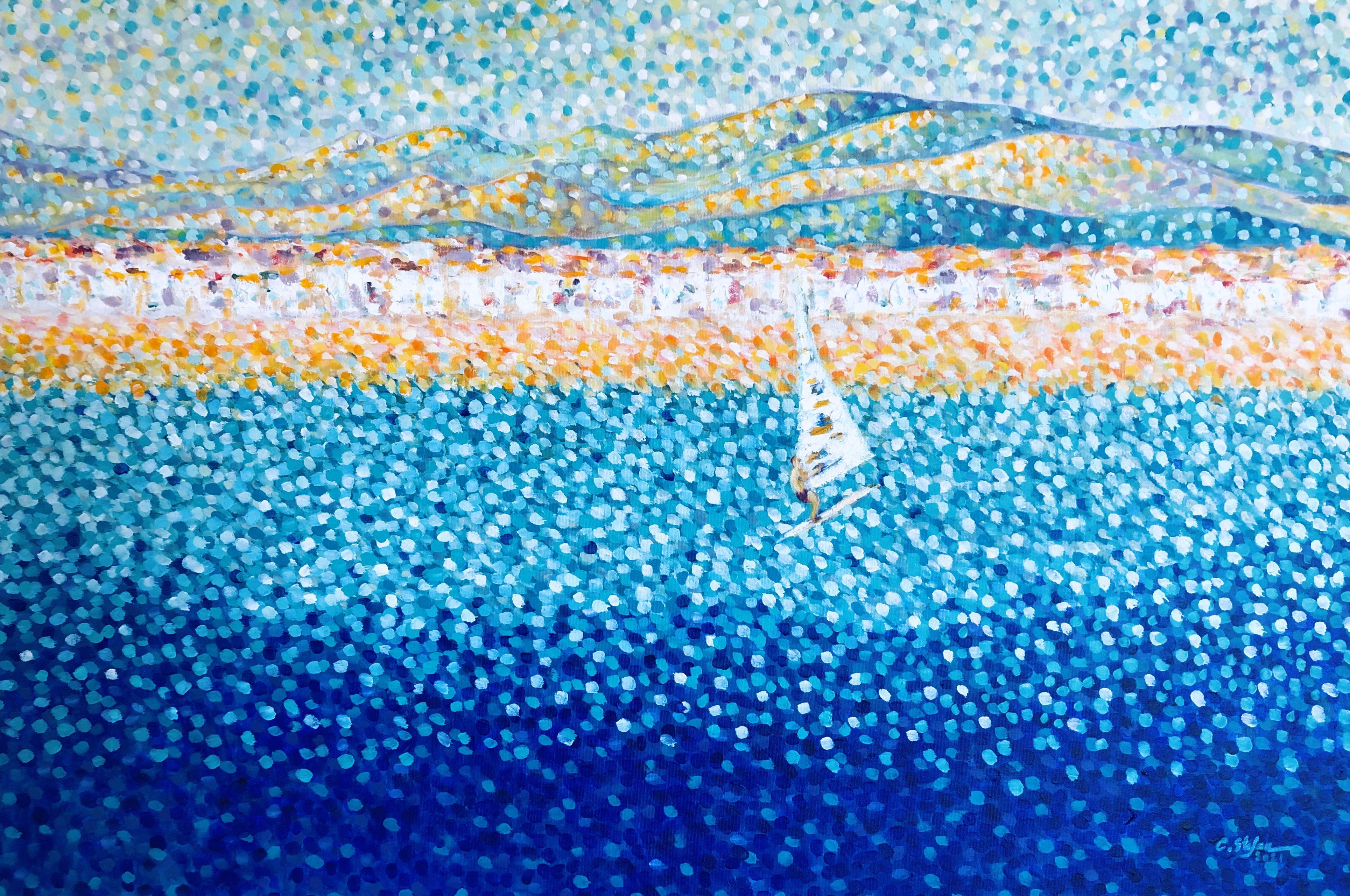 Altafulla, Spanien – Meereslandschaft mit Segelschifffahrtsschiff, Gemälde, Acryl auf Leinwand – Painting von Cristina Stefan