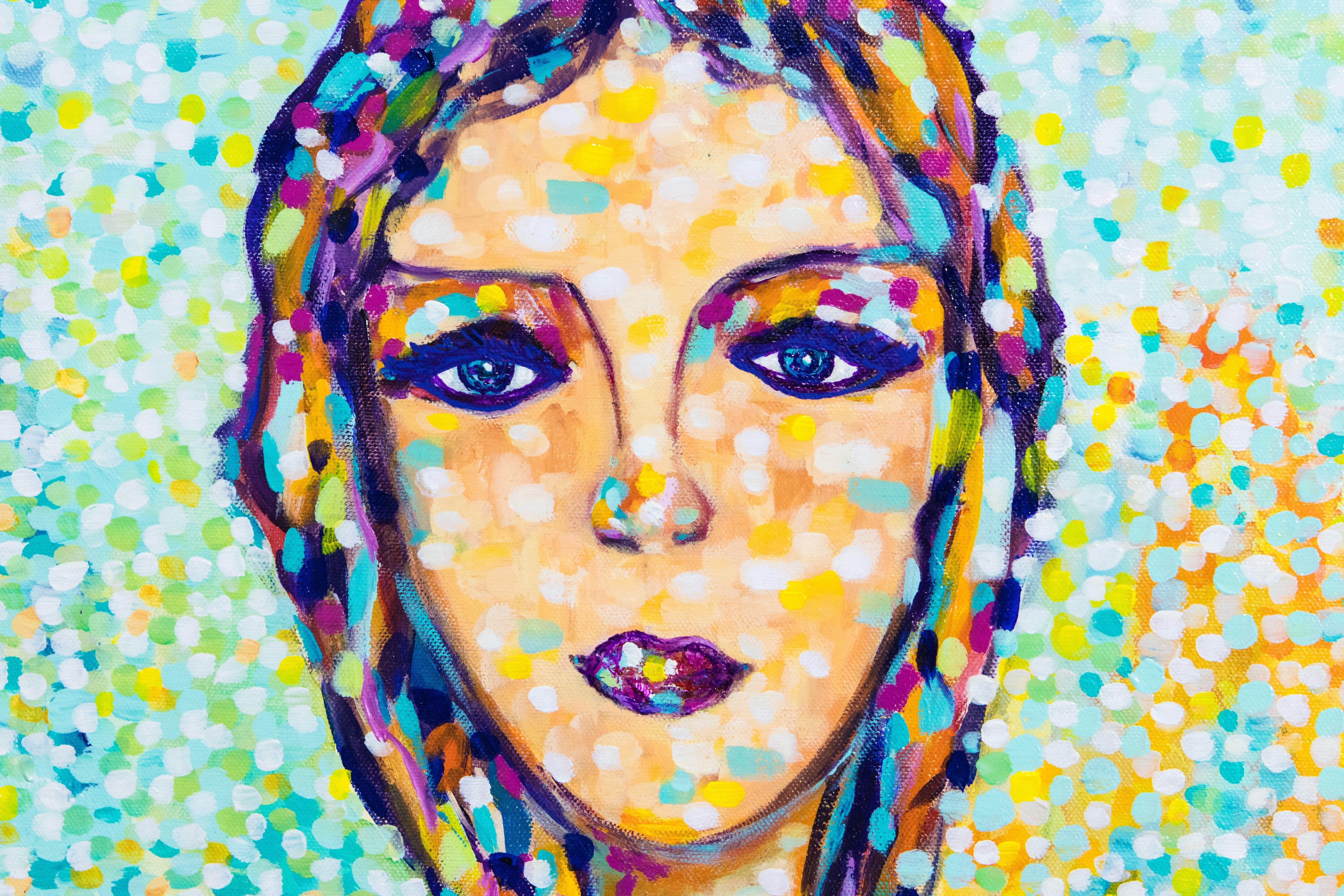 Anastasia en la playa - Retrato de mujer, Pintura, Acrílico sobre lienzo - Painting Puntillista de Cristina Stefan