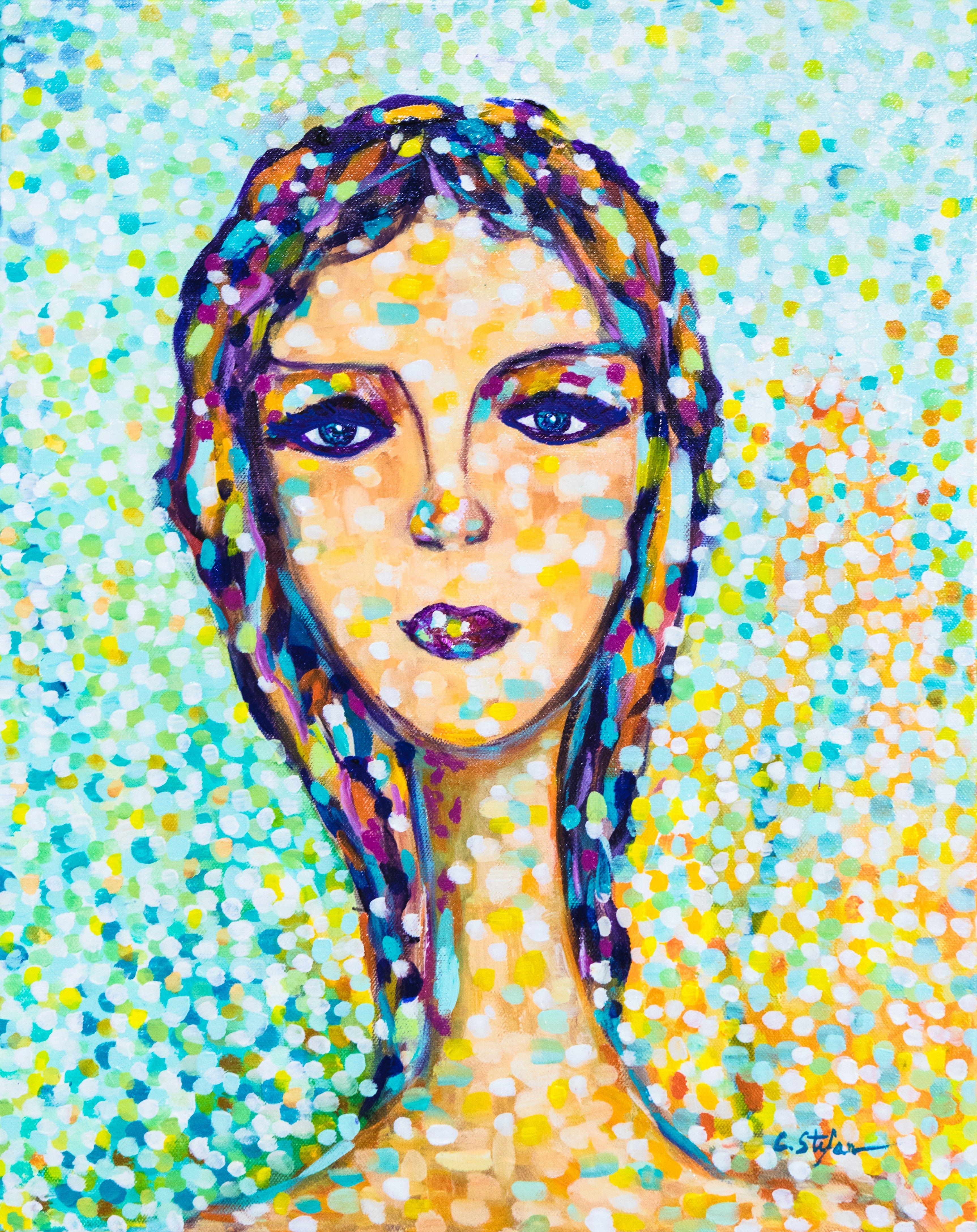 Anastasia en la playa - Retrato de mujer, Pintura, Acrílico sobre lienzo - Painting de Cristina Stefan