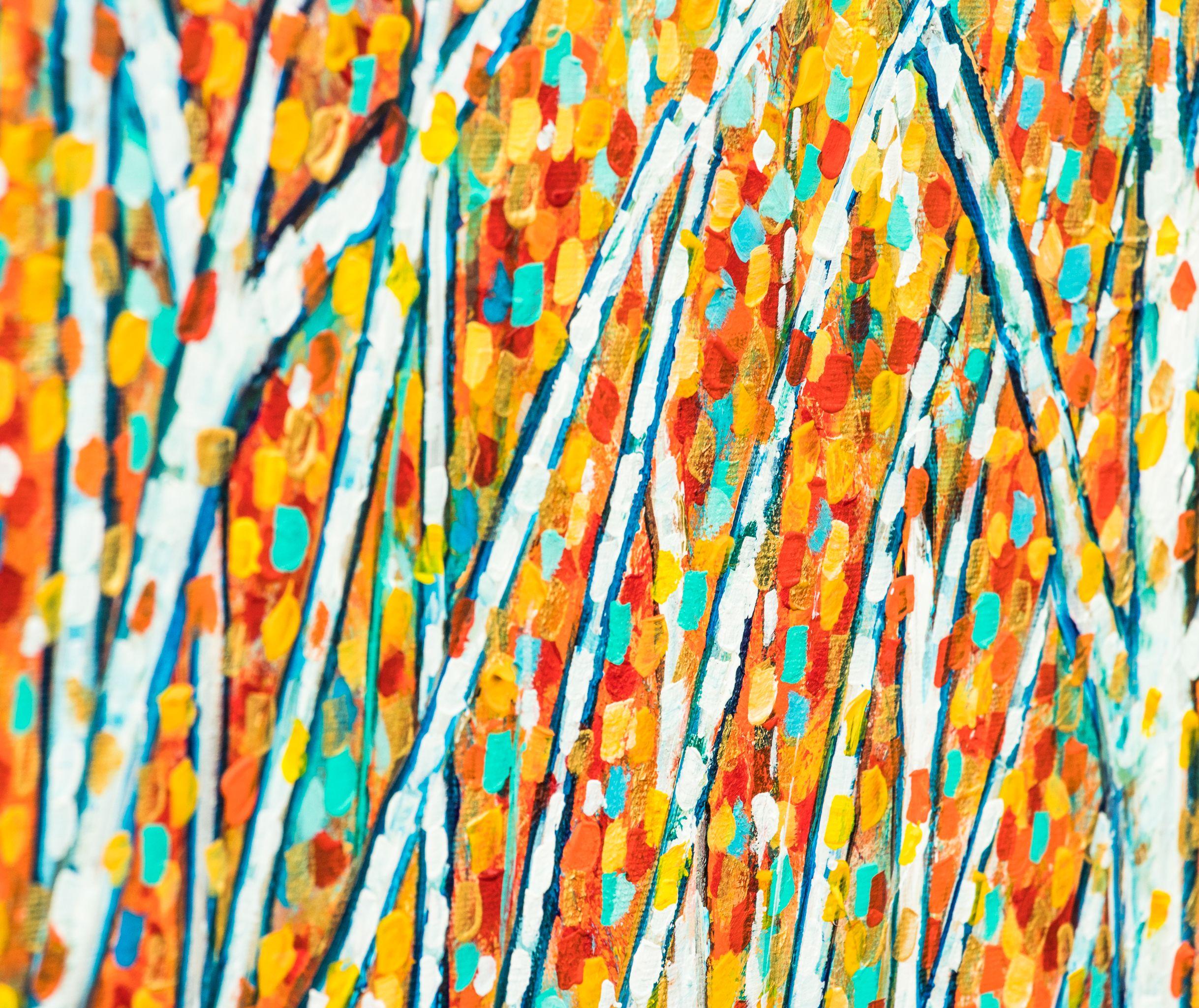 Peinture : Acrylique sur toile.    Arbres d'automne  Peinture impressionniste, technique du pointillisme.  Dans le feuillage des arbres, j'ai également utilisé de la peinture métallique dorée, qui apporte plus de brillance au tableau lorsqu'il est