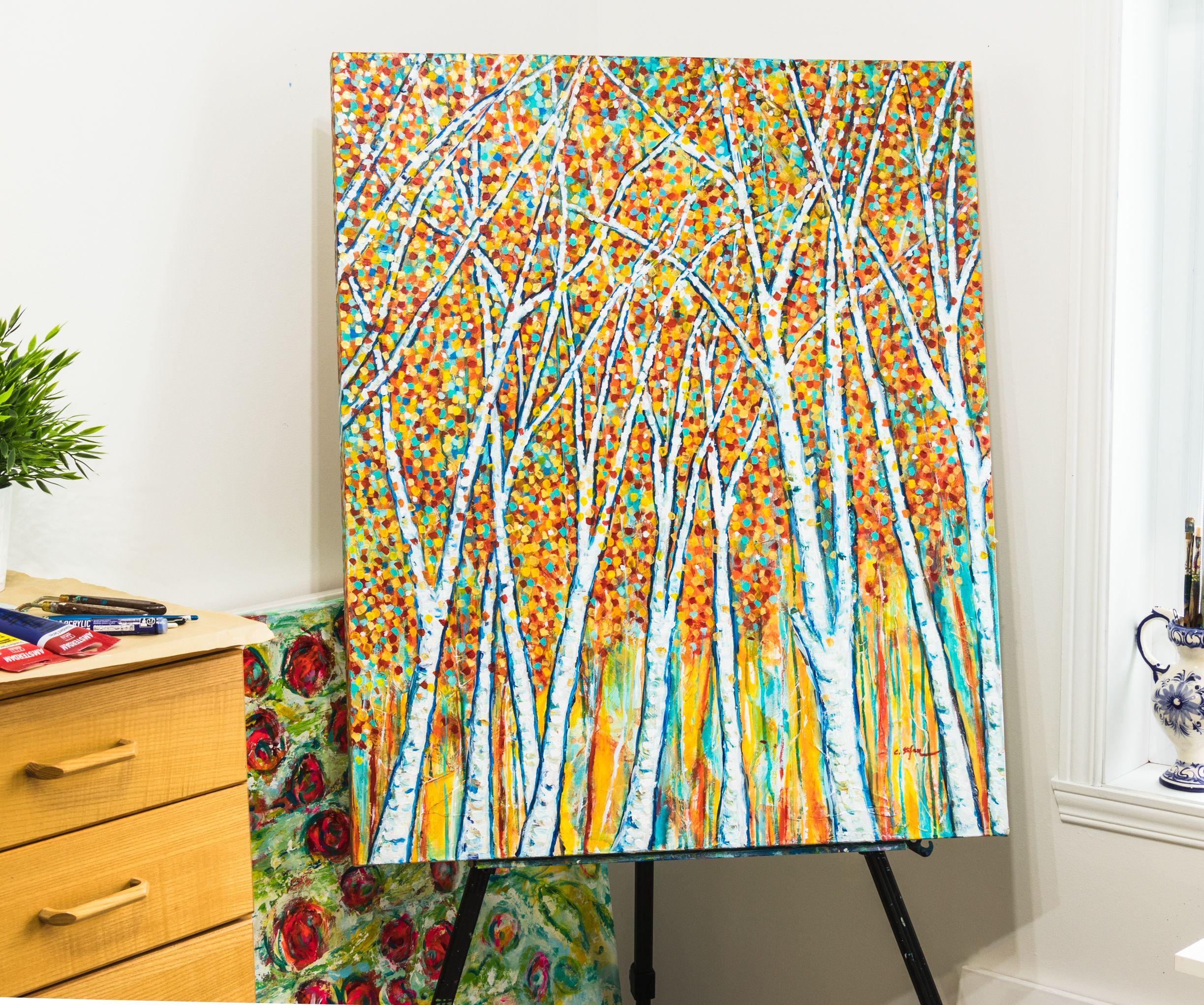 Painting: Acrylic on Canvas.    Autumn Trees  Impressionist painting, technique of pointillism.  In the foliage of the trees, I also used golden metallic paint, which brings more brilliance to the painting when it is hung on the wall.    The
