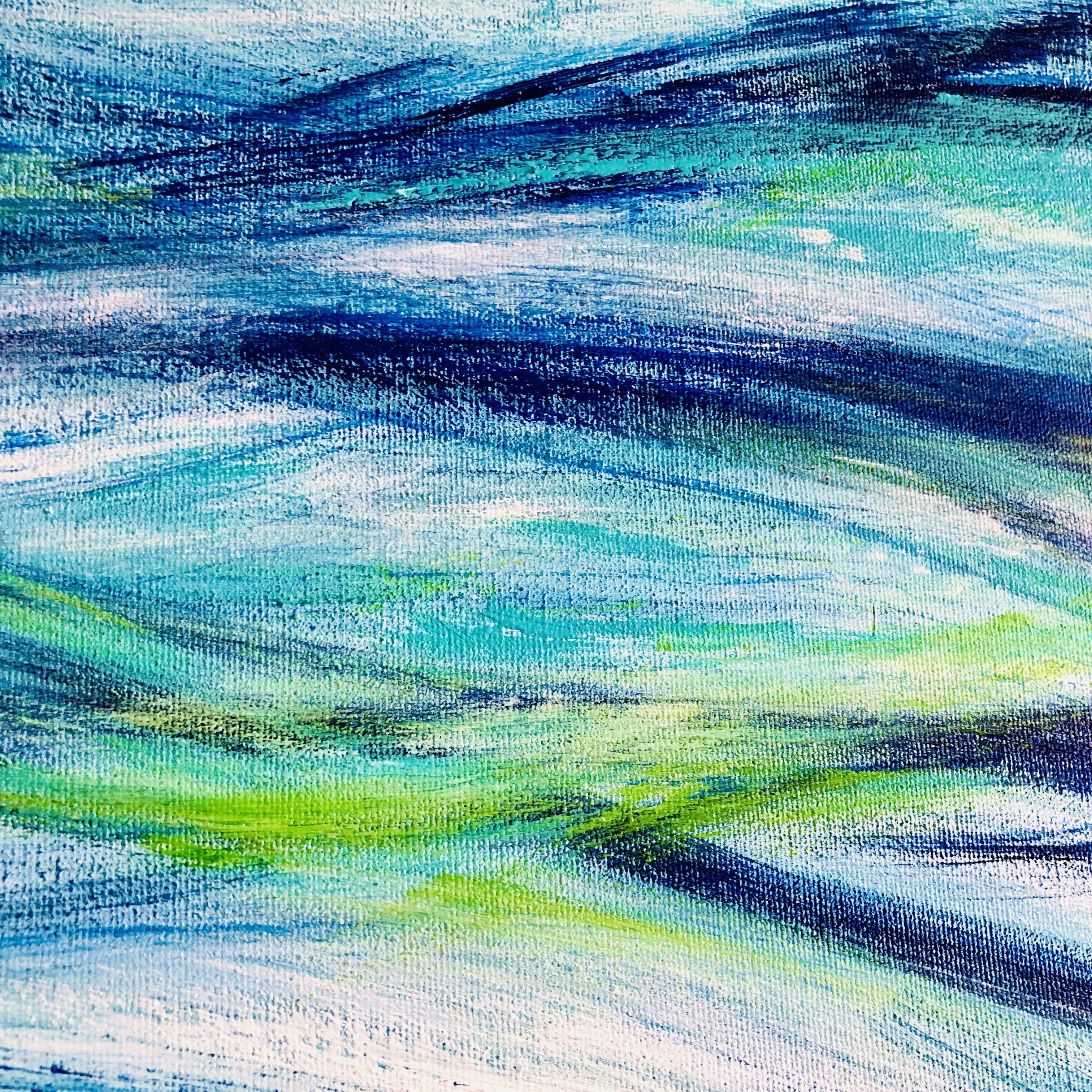 Flux, flow...  The sea... the ebb and flow, the wind which rises and makes it ripple, the sky and the sun which give it a thousand and one shades of blue, turquoise and green... with a touch of foam lace ...    This abstract work representing water