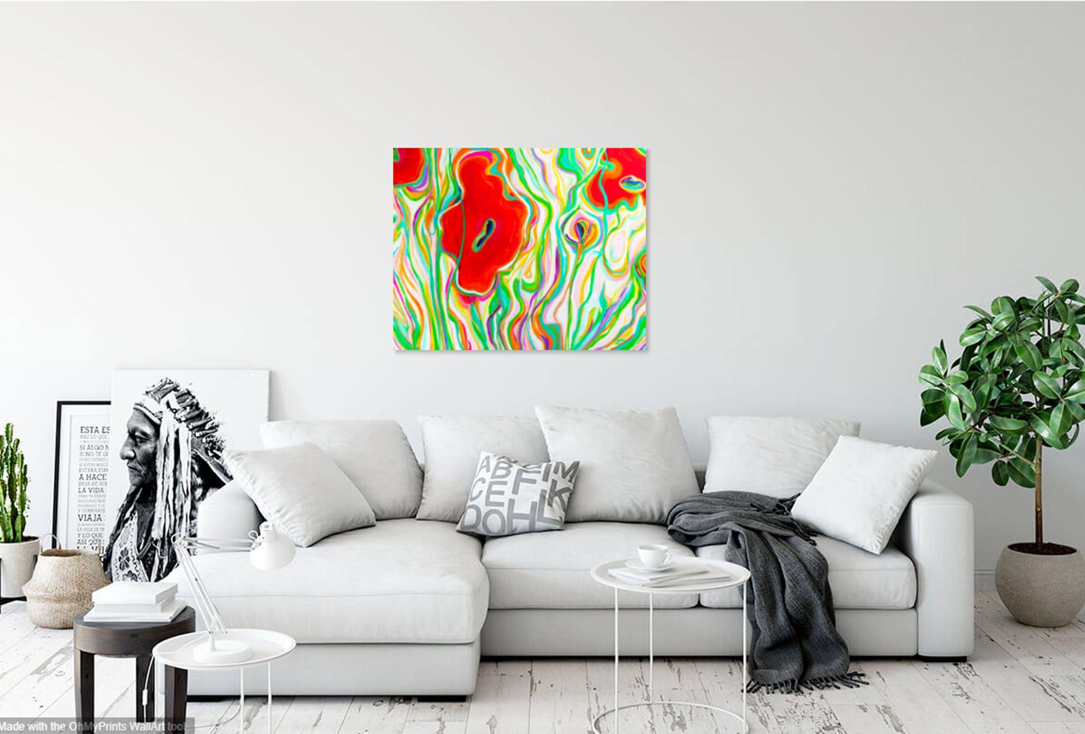 Garden with Red Poppies    This semi-abstract work represents a flower garden under the Summer Sun, where wild flowers and tall grass undulate and intersect, and where the main stars are the red poppies, painted in a stylized way.    This cheerful