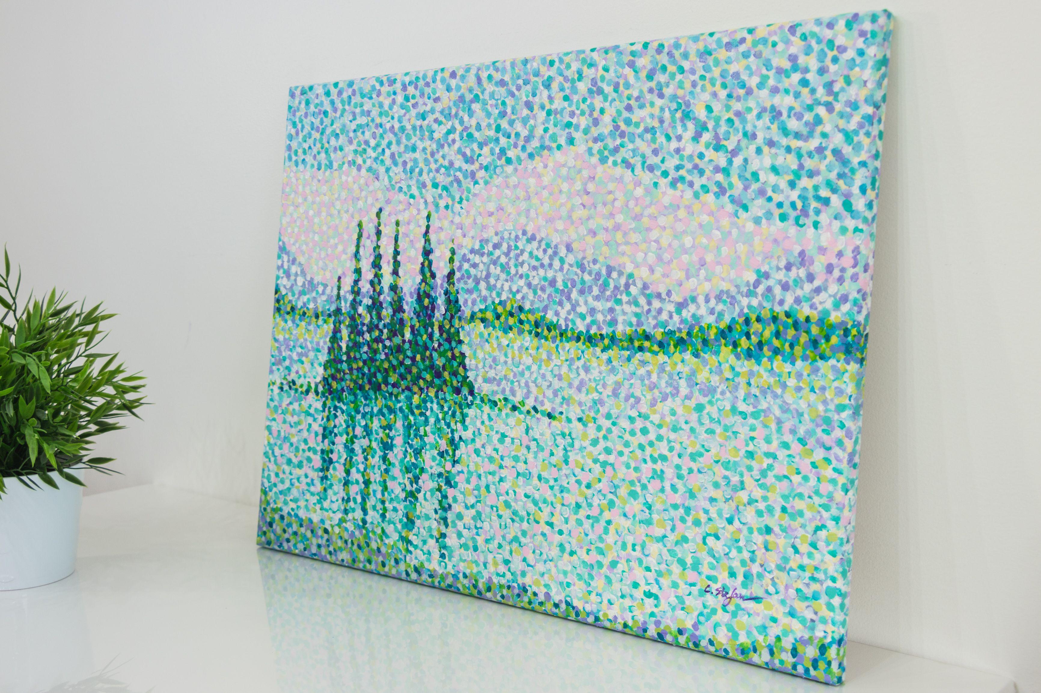See in den Rocky Mountains    Dieses zeitgenössische Gemälde ist in einem impressionistischen Stil und mit der Technik des Pointillismus ausgeführt.    Die Landschaft ist von einem See in den Rocky Mountains inspiriert, den ich letztes Jahr auf