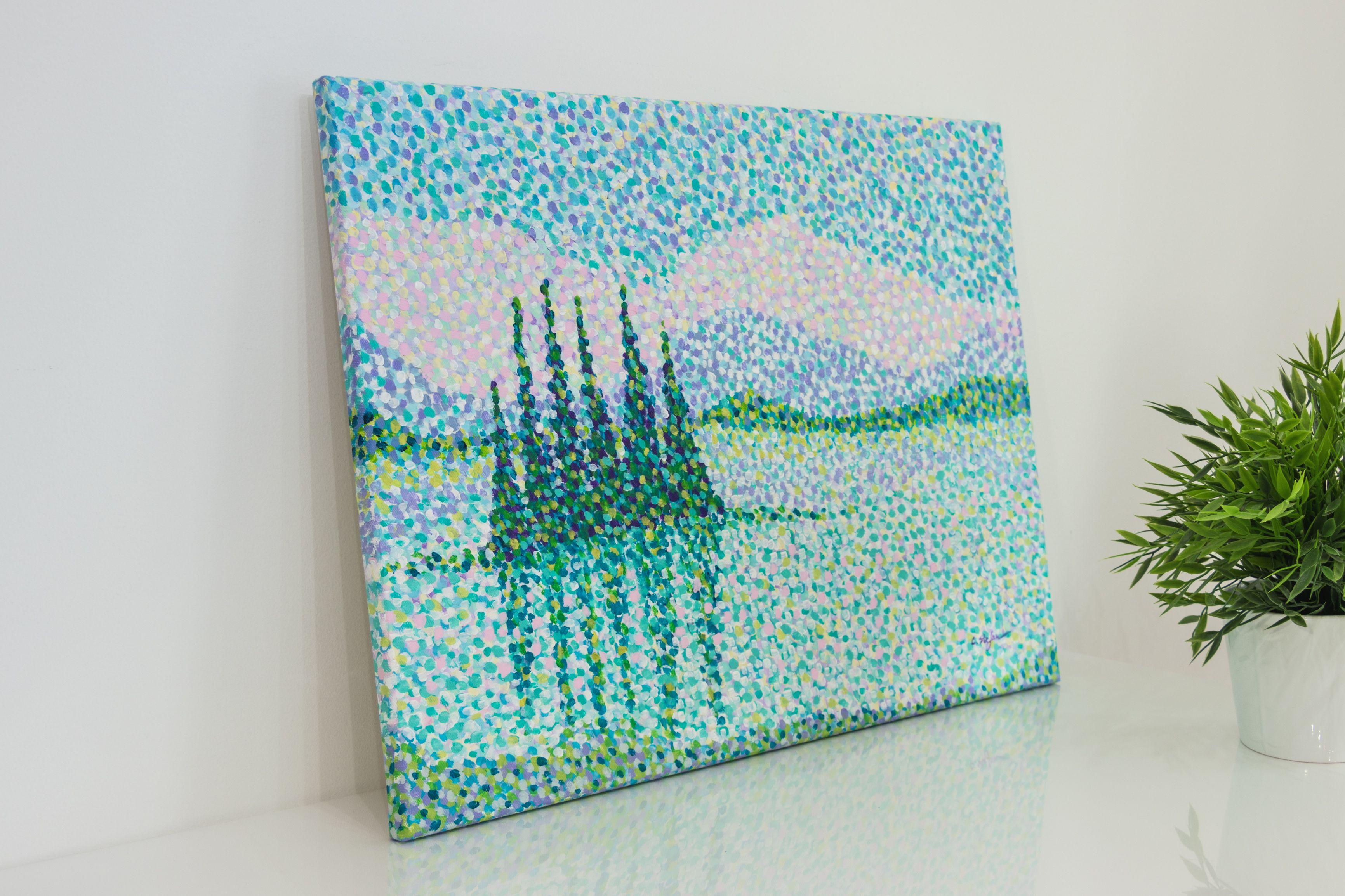 Lake in the Rockies    This contemporary painting is executed in an impressionistic style and by using the pointillism technique.    The landscape is inspired from a lake seen in the Rocky Mountains during my trip last year.    The painting is