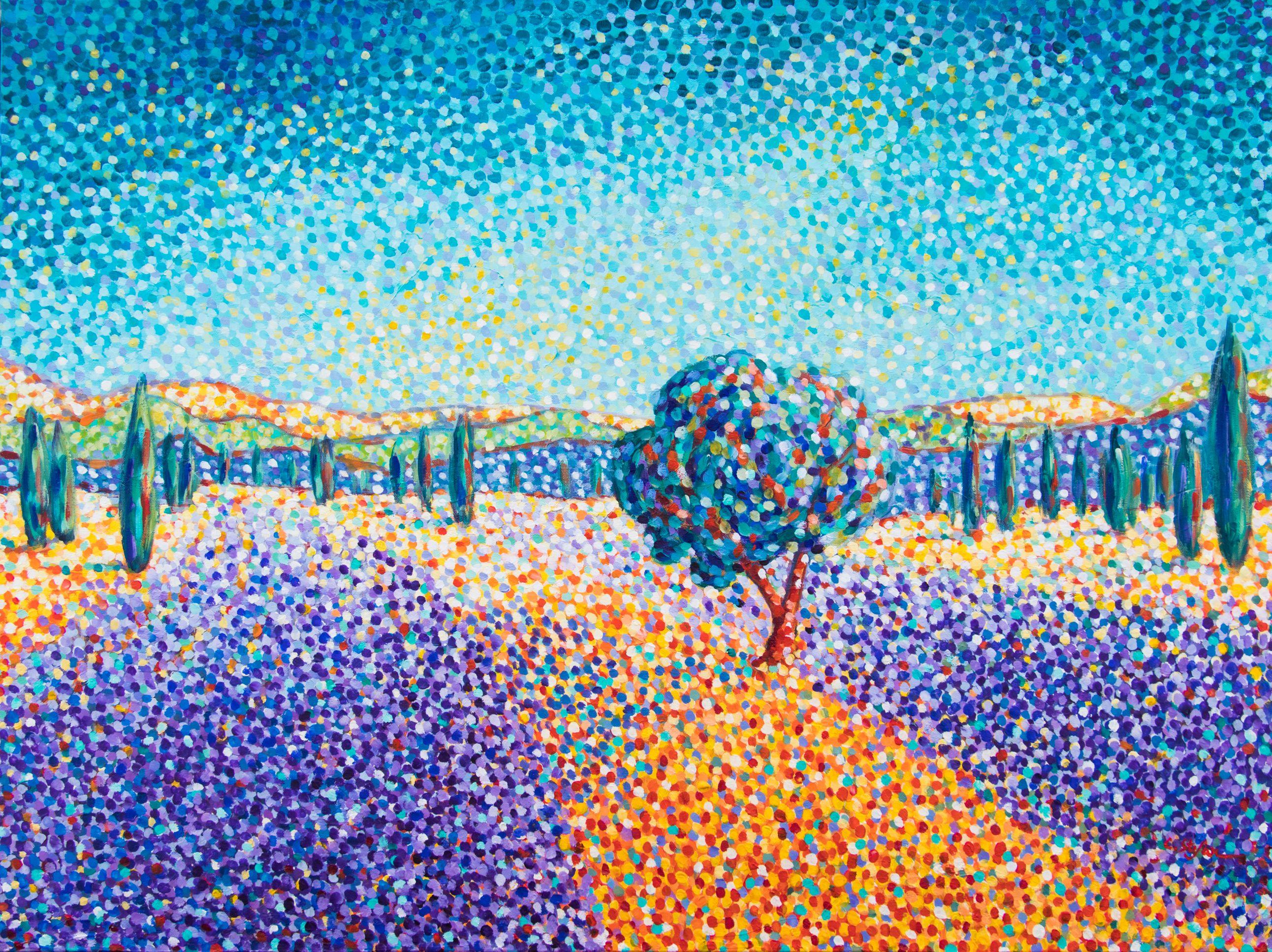 Lavender field in Provence    This painting is inspired from my last trip in Provence. Lavender fields somewhere on the road between Aix-en-Provence and NÃ®mes. I knew it right a way that several paintings will emerge from those landscapes...