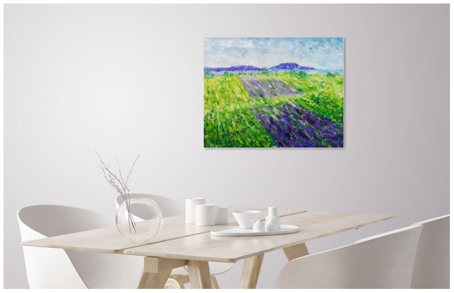 Lavender fields    Contrasts of Green and Purple colors. In this painting with lavender fields I've tried to use bright colors to make an homage to Spring and Summer seasons.    The painting 'Lavender fields' has been created in Acrylic on