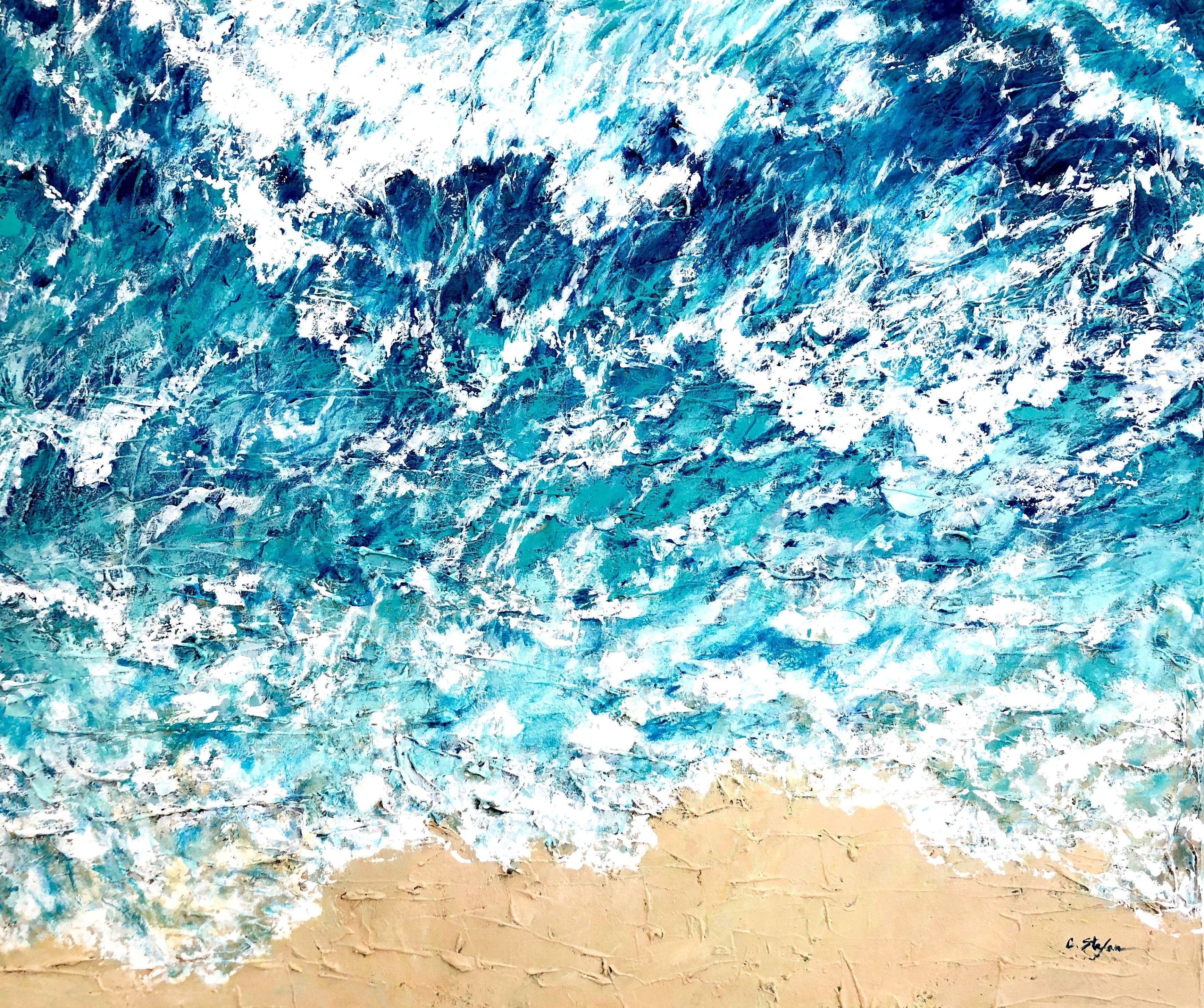 Ocean view from the sky - seascape  Painting: Acrylic on Canvas.    This work is a semi-abstract representation of sea waves. The artist, in love with the Mediterranean coast is inspired from time to time.  The texture of this seascape has been