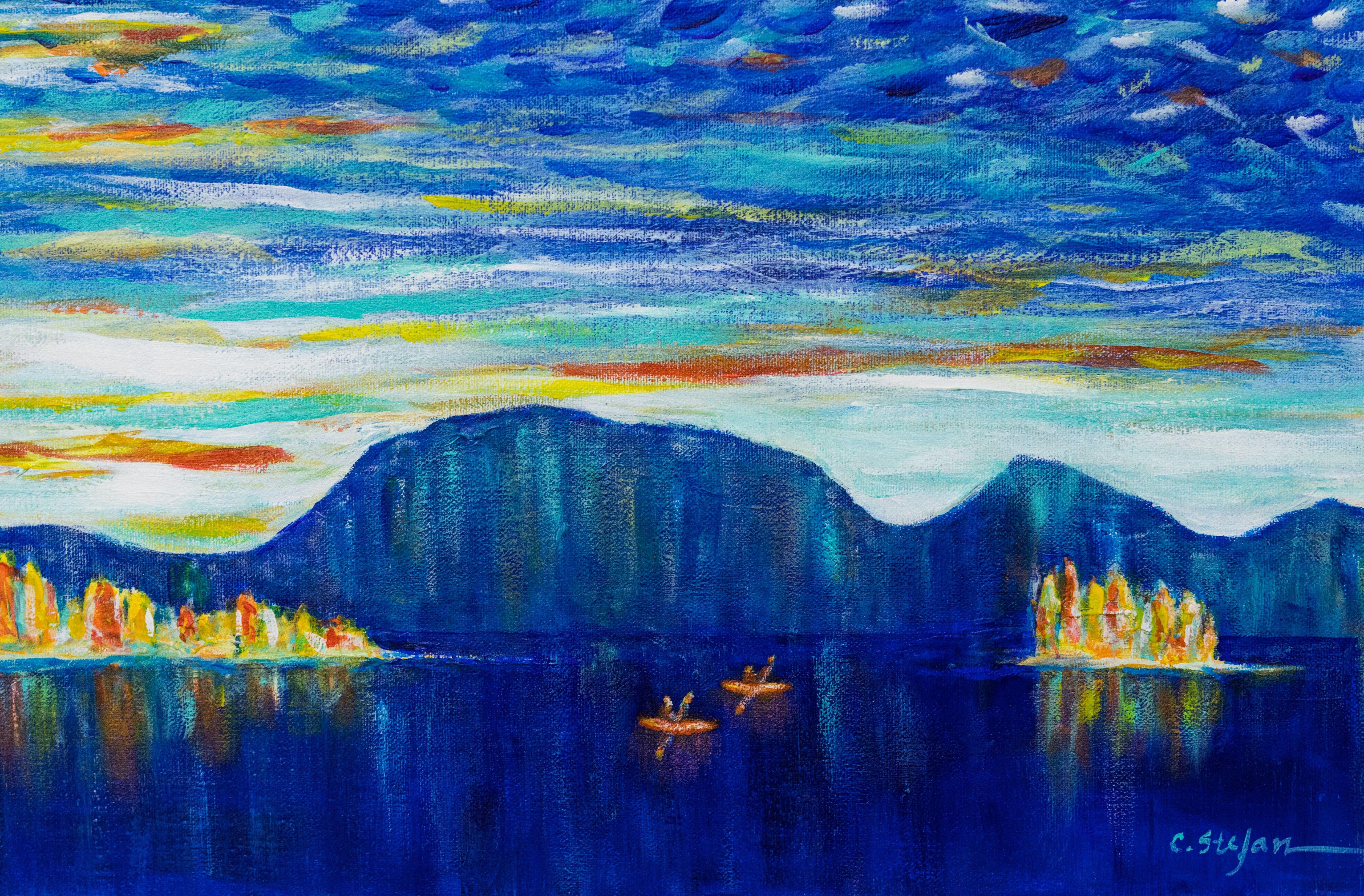 Outdoor lifestyle - kayaking on the lake, Painting, Acrylic on Canvas For Sale 1