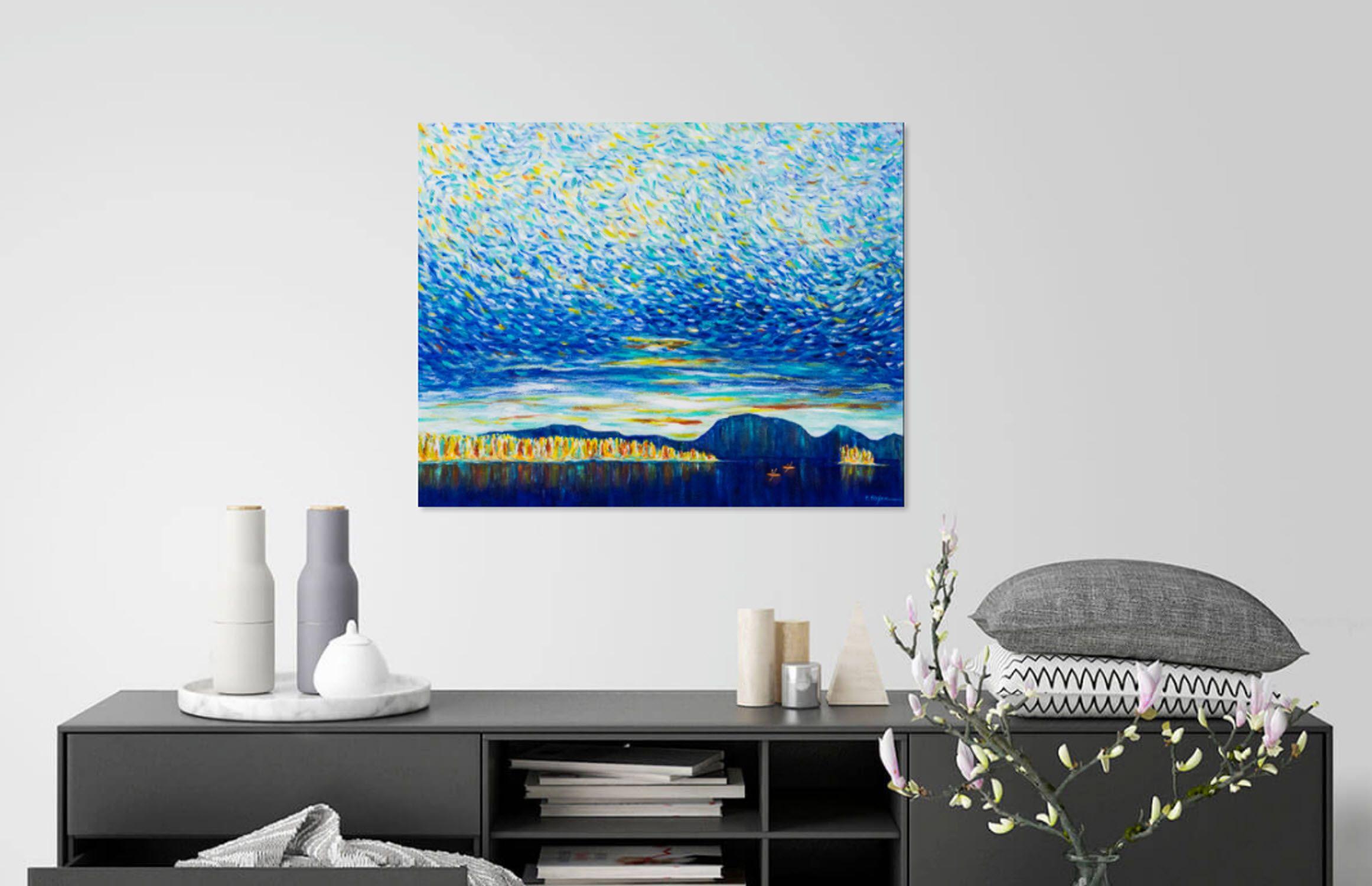 Estilo de vida al aire libre - Kayak en el lago    En este cuadro de inspiración impresionista, el artista nos invita a una otoñal excursión en kayak.  El cielo se compone de una miríada de pinceladas multicolores que evocan el movimiento de las