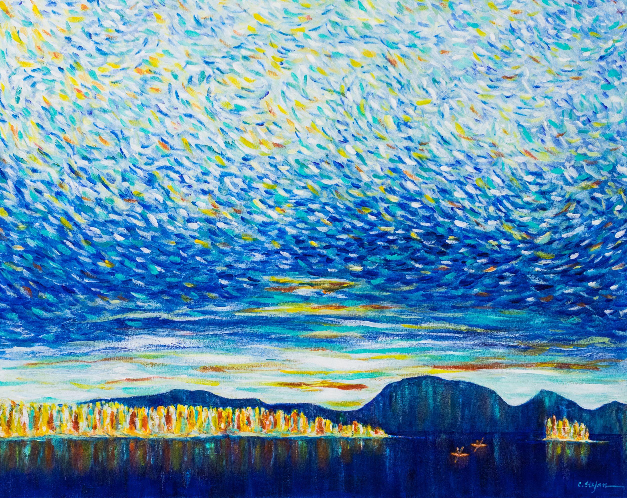 Landscape Painting de Cristina Stefan - Estilo de vida al aire libre - kayak en el lago, Pintura, Acrílico sobre lienzo